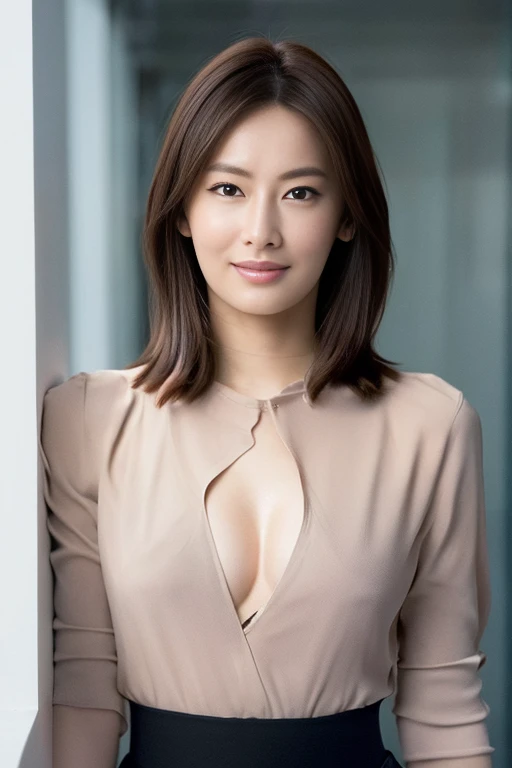 (mini skirt),(Buttoned shirt:1.4、small breasts、No bra), (office lady),whole body、 RAW photo, realistic:1.6, quality:1.5, 8k, masterpiece:1.3, ultra high resolution:1.0, sharp focus:1.2, (big breasts:1.4), beautiful woman with perfect figure, Highly detailed face and skin texture, fine eyes, double eyelid, perfect facial balance, (smile:1.1), ((brown hair、Shiny hair:1.3)), Soft light in a beautiful studio, rim light, vivid details, surreal, octane rendering, fine and beautiful skin, realistic skin, (look at the audience), (The background is a high-rise floor made entirely of glass.), standing pose