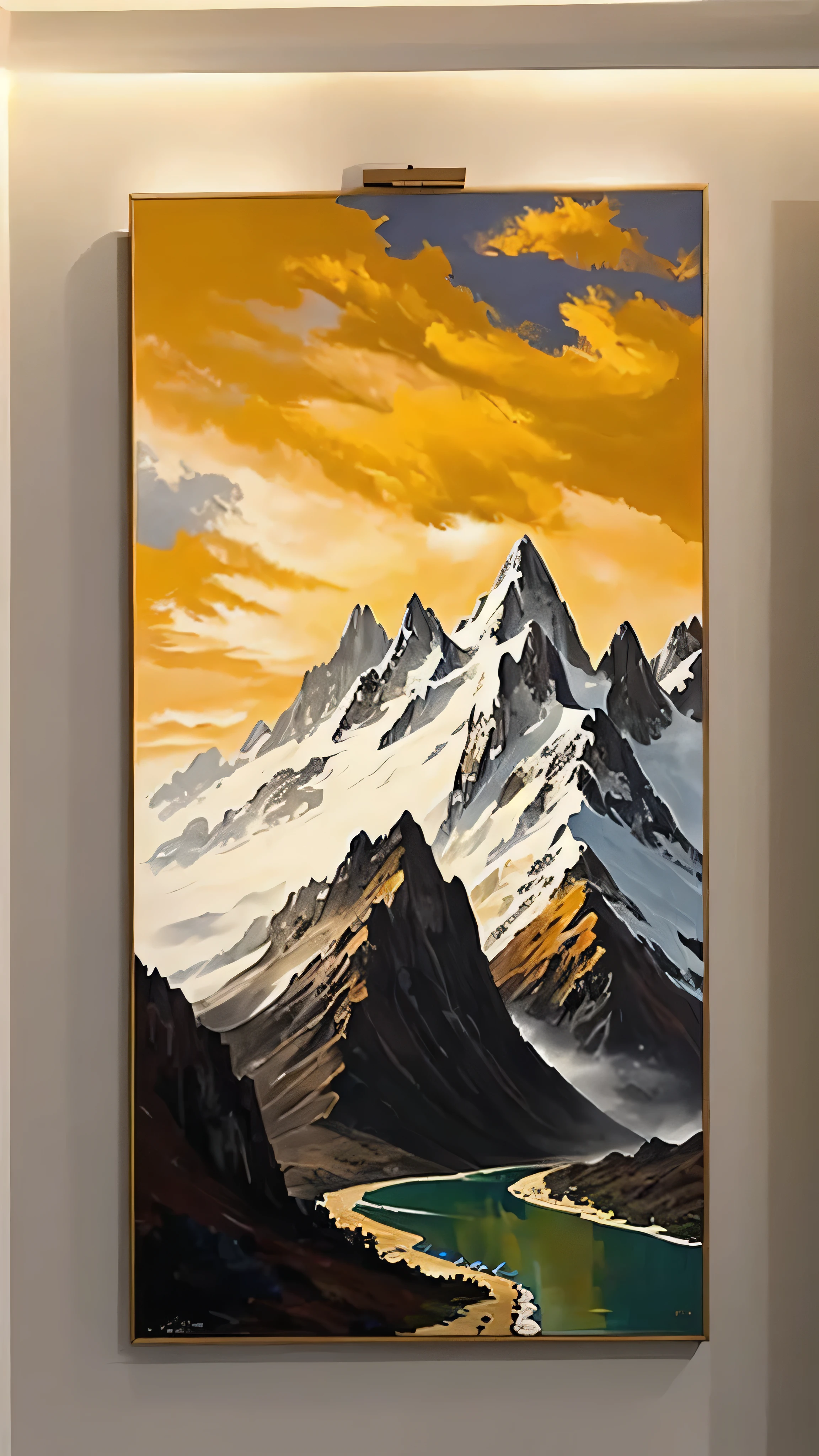 a painting of a mountain with a river in the foreground, majestic painting, high quality digital painting, golden mountain in the desert, art painting, mountainscape, fine art painting, high quality painting, mountains, mountain scene, scenery artwork, canvas painting, smooth oil painting, clean elegant painting, high quality oil painting, moutain, extremely high quality artwork