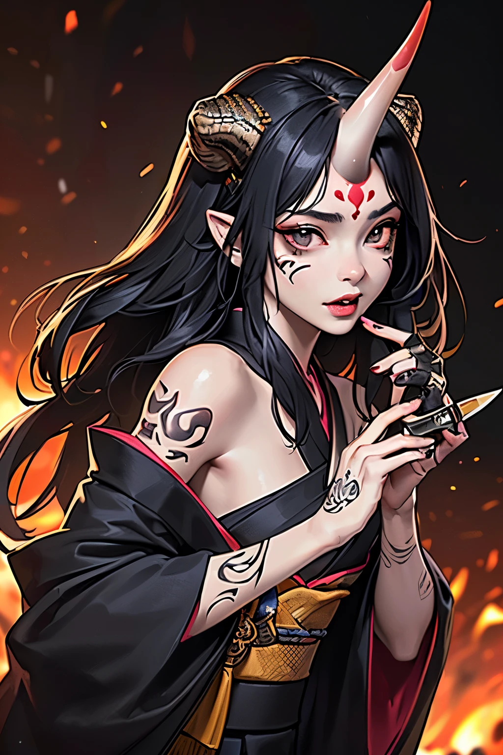 (photorealistic:1.3), masterpiece, best quality, (intricate details:1.2), (scenery:1.3), beautiful face, (black theme:1.3),
(((1girl, a girl in patterned kimono holding a dagger in her hand, (look at veiwer:1.3), (face tattoo:1.2), small oni horn,
))), full body, split in half