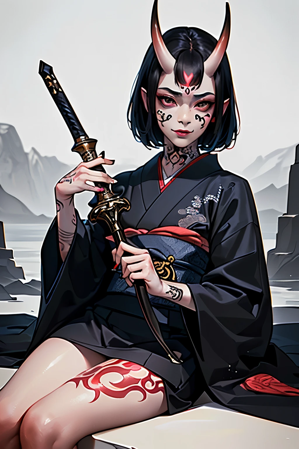 (photorealistic:1.3), masterpiece, best quality, (intricate details:1.2), (scenery:1.3), beautiful face, (black theme:1.3),
(((1girl, a girl in patterned kimono holding a dagger in her hand, (look at veiwer:1.3), (face tattoo:1.2), small oni horn,
))), full body, split in half