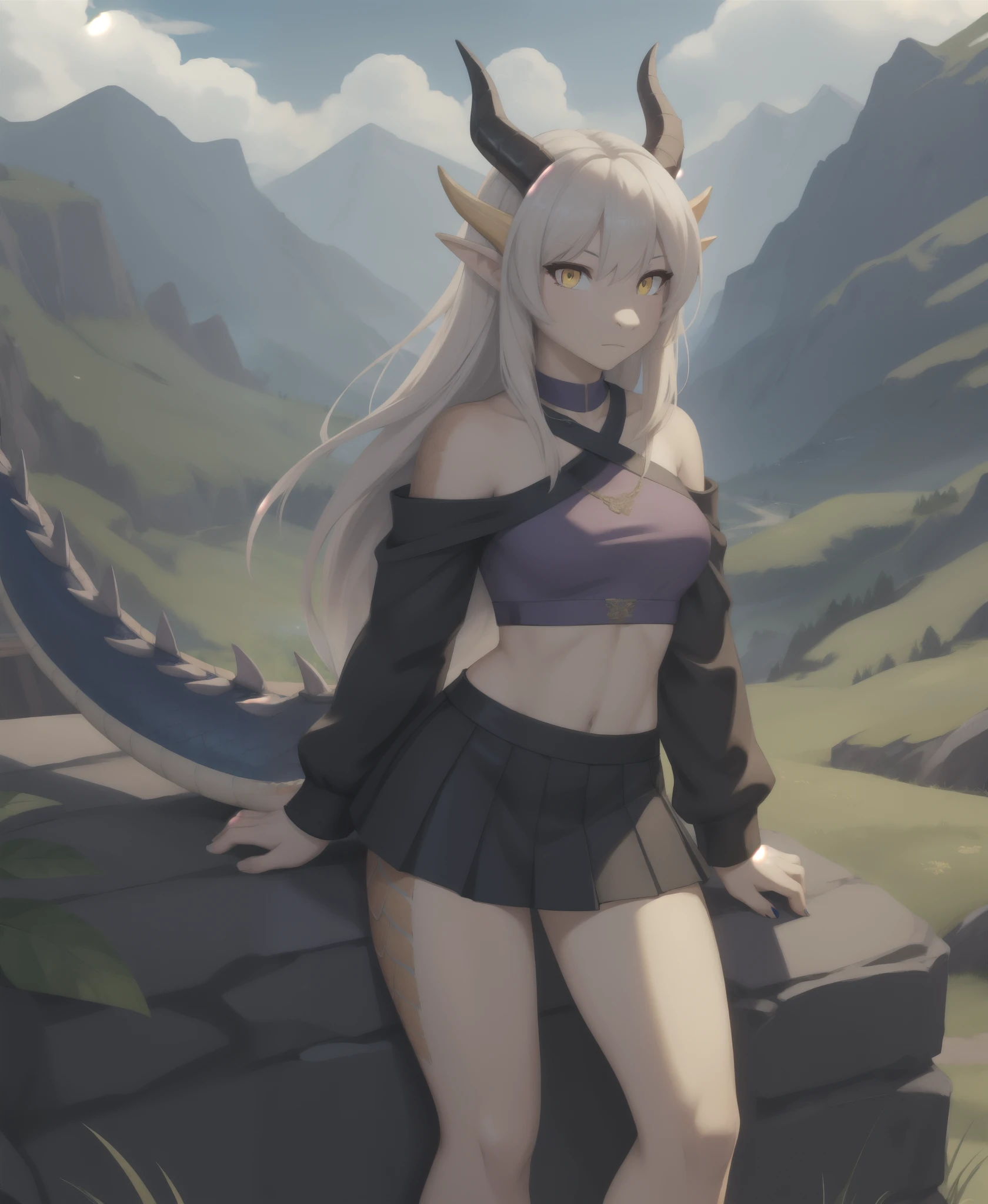 1girl, solo, masterpiece, mountain, scenery, (dragon girl:1.2), dragon, dragon horns, dragon tail, yellow eyes, slit pupils, (scales, scalie:1.2), crop top, skirt