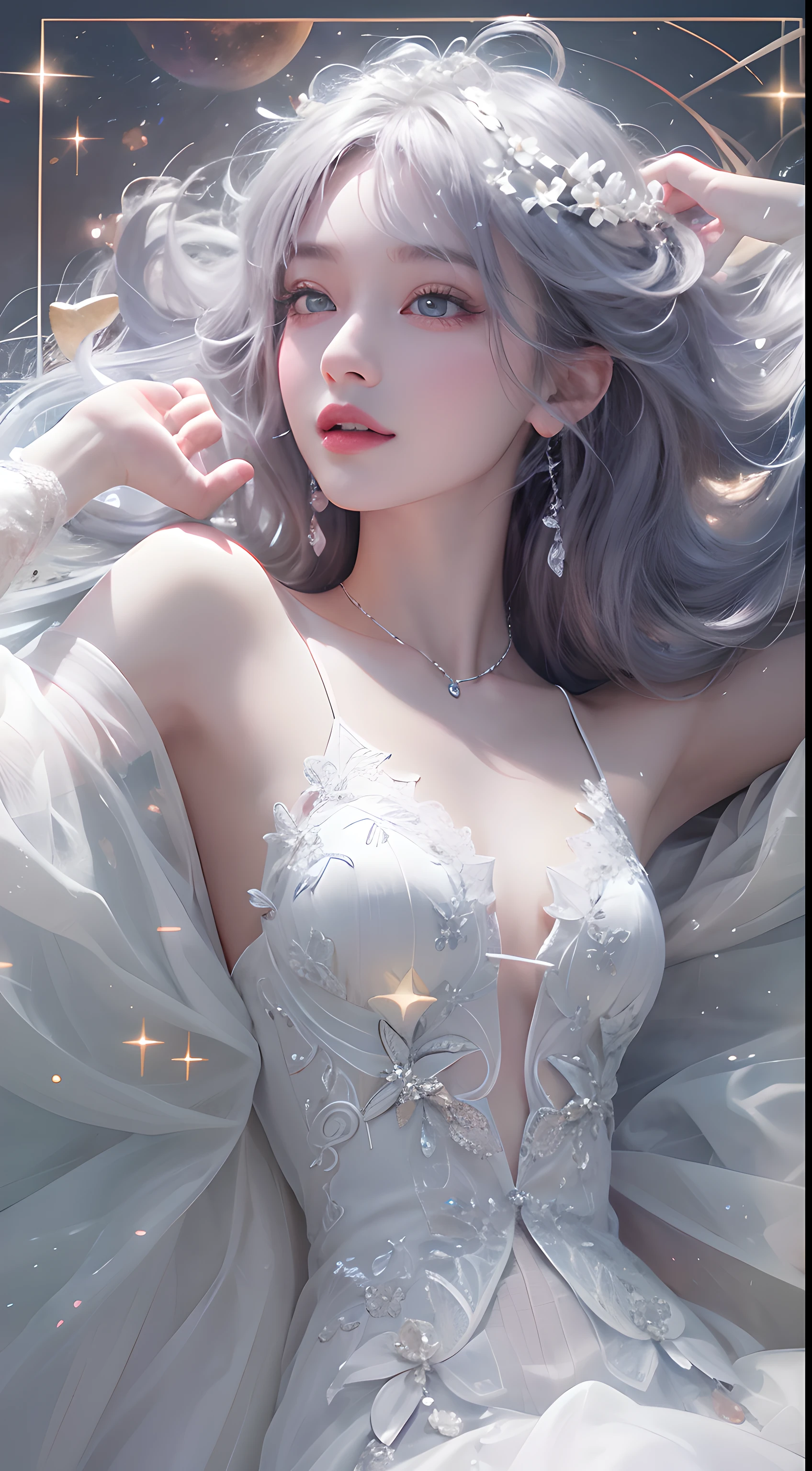 1 girl,(quality improvement:1.4),(Top quality real texture skin), delicate face,black hair, gradient hair, petite body, rimless glasses, shiny瞳孔,long eyelashes,Grinning, Super realism,(broken to pieces), movie lighting, expected insert, Surrealism, Ultra high quality, masterpiece, 16k,lie,Dream is,white dress,camelto,fantasy space,Luxurious space,(Dreamy and magical),shiny