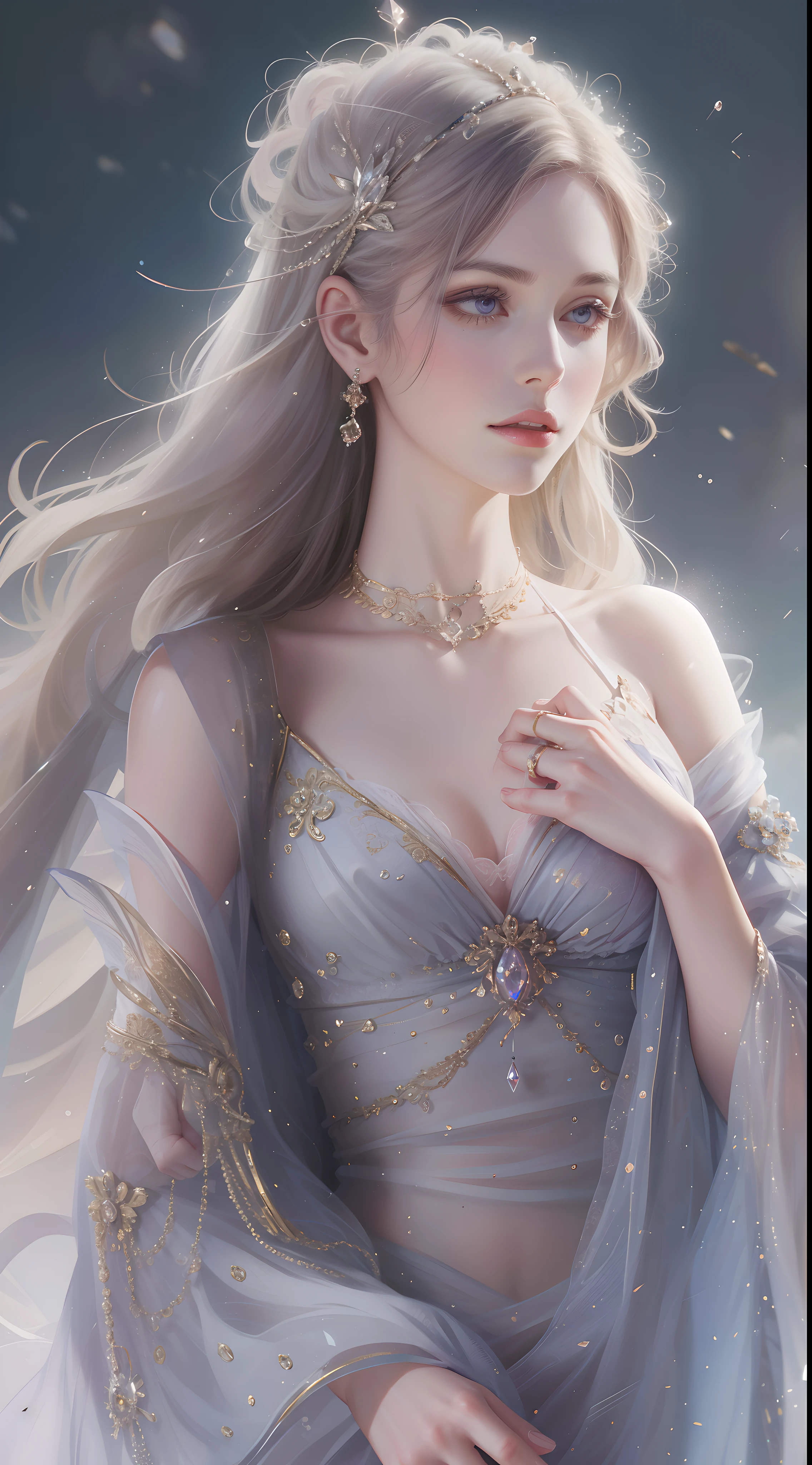 masterpiece, Highest resolution,Premium content, 8K quality photos,Excellent details, Perfectly presenting the dynamic bust of a noble girl, delicate curves, Bend hair to create gorgeous and intricate fabric textures, pure purple eyes, Delicate floral decoration, Sparkling crystal jewelry, Mysterious and dreamy atmosphere,Highly focused and subtle details,advanced。