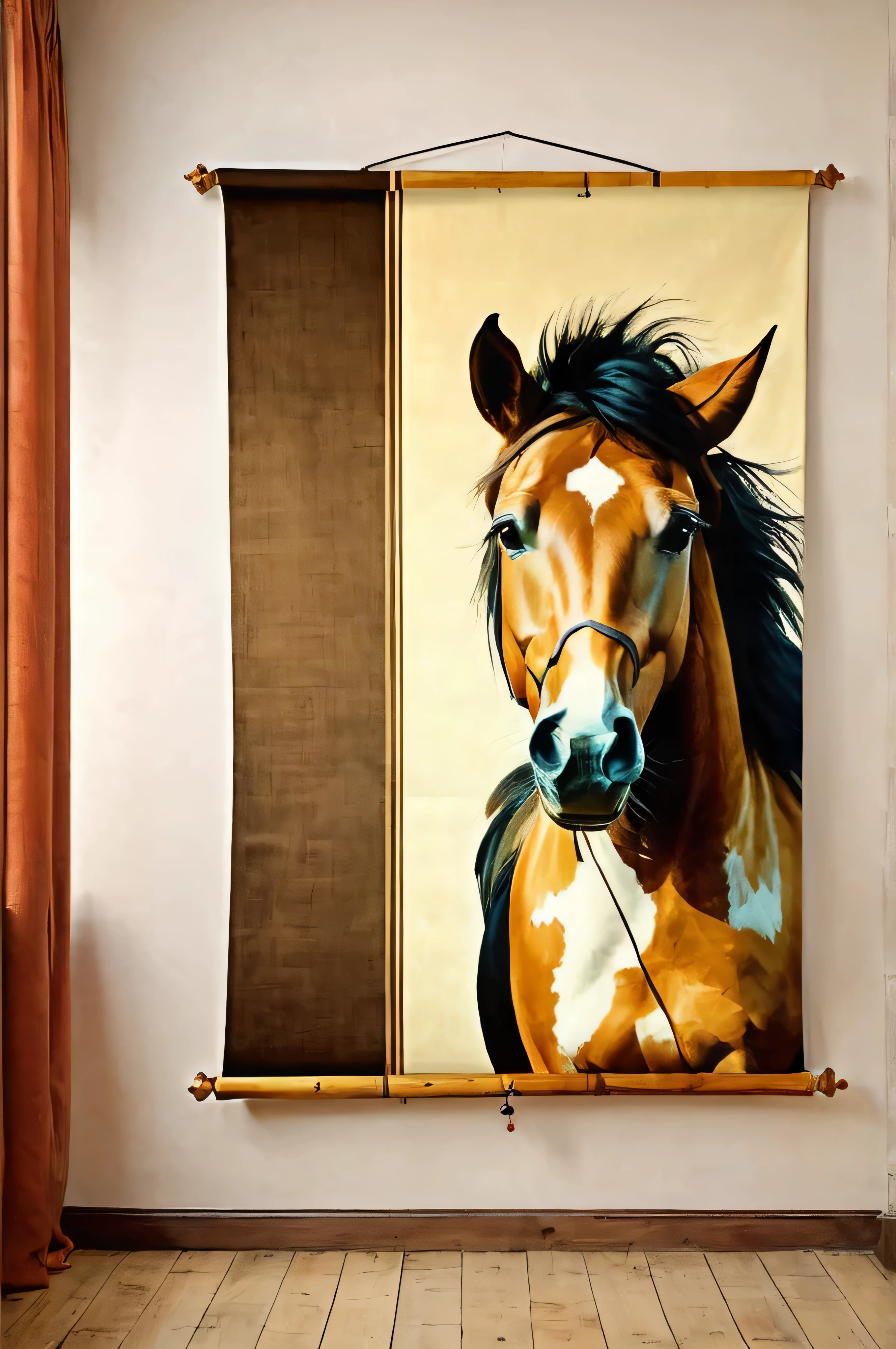 there are two paintings of horses on the wall in the room, hanging scroll on wall, canvas art print, art cover, art poster, wooden walls with framed art, decorative art, extremely high quality artwork, high quality artwork, poster composition, inspired by Jacques-Laurent Agasse, jpeg artefacts on canvas, wall art, clean elegant painting, modern art