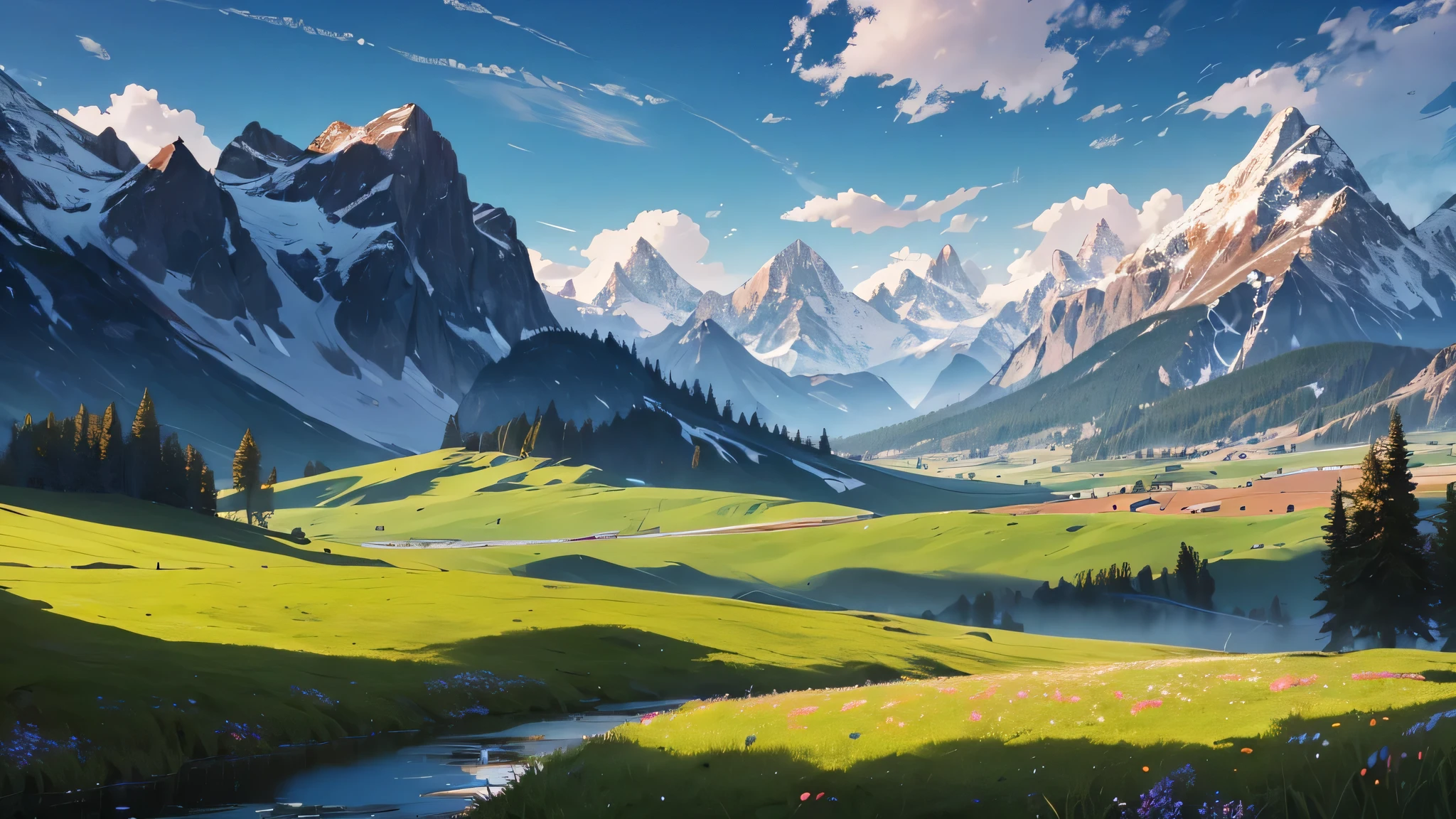 Generate an image of meadow, In the distance, towering mountains scrape the sky, adding depth to the scene.