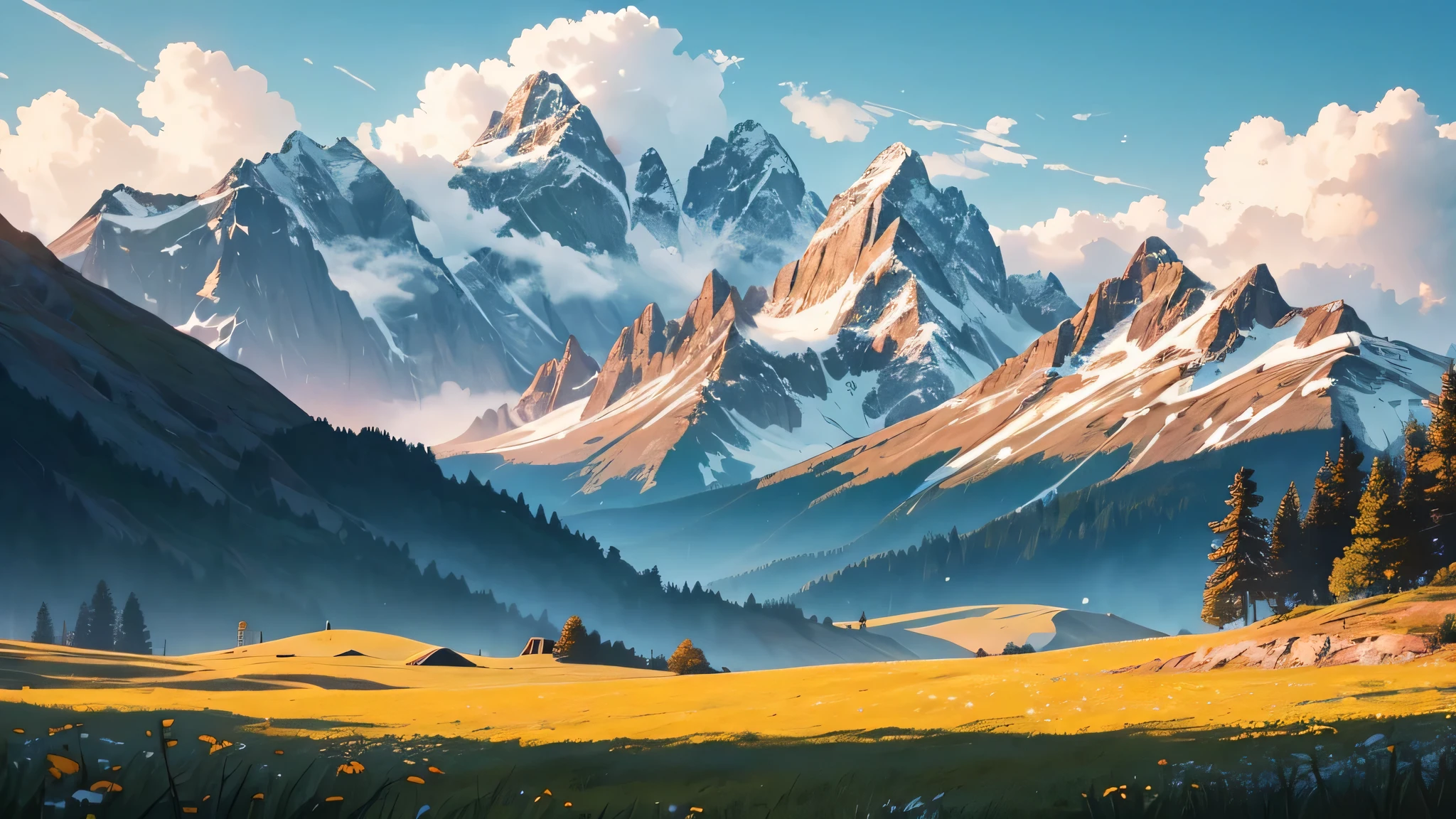 Generate an image of meadow, In the distance, towering mountains scrape the sky, adding depth to the scene.