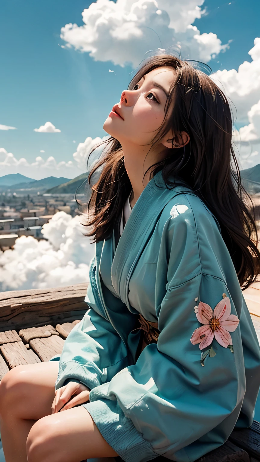 (best quality, masterpiece), Turquoise Screen Filter, (1girl, solo, brown robe, expression face, looking up, sitting, wide sleeves, black eyes, closed mouth, long hair, cowboy shot), (clear sky, cosmos flower filed, cloud),