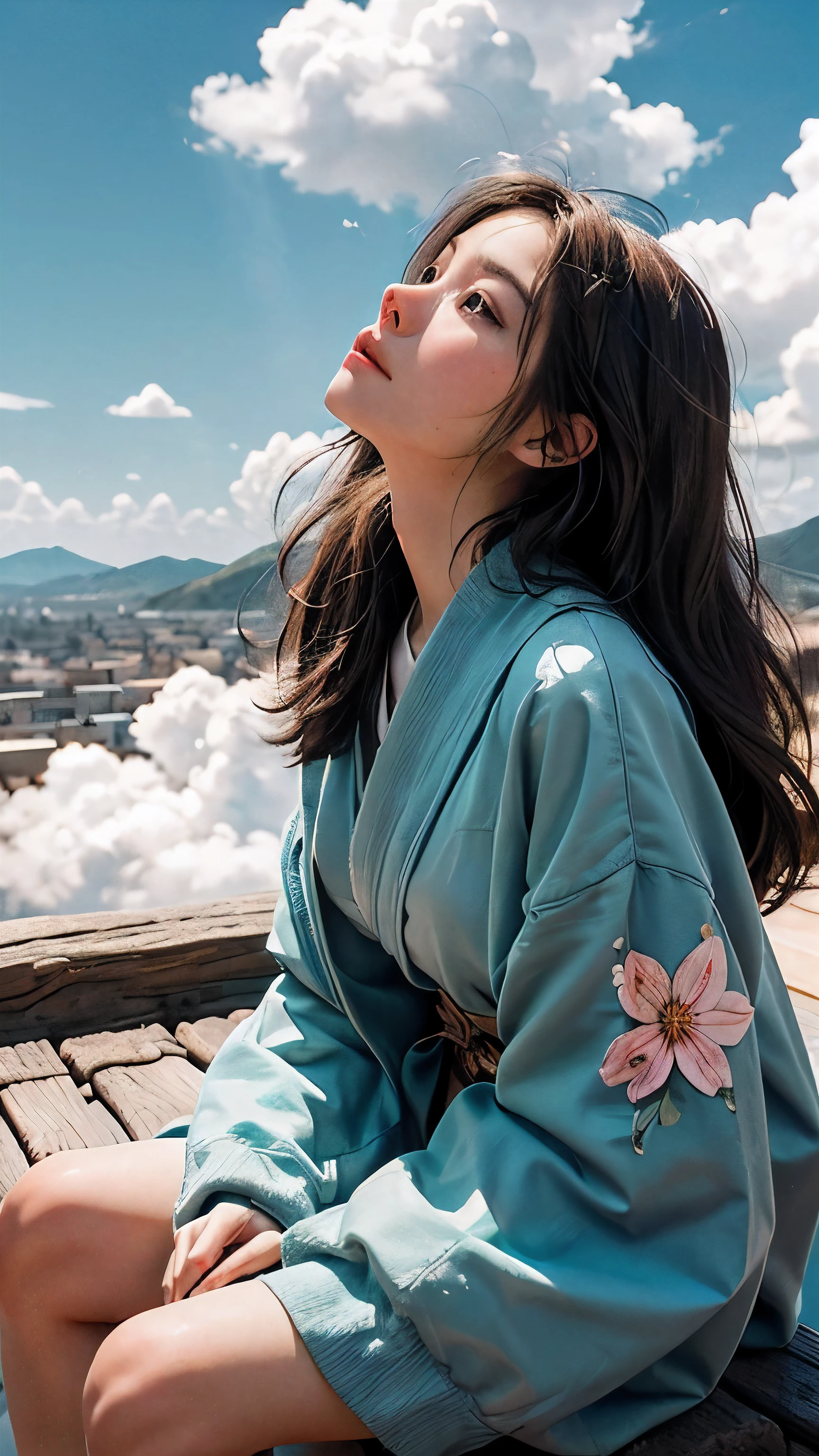 (best quality, masterpiece), Turquoise Screen Filter, (1girl, solo, brown robe, expression face, looking up, sitting, wide sleeves, black eyes, closed mouth, long hair, cowboy shot), (clear sky, cosmos flower filed, cloud),