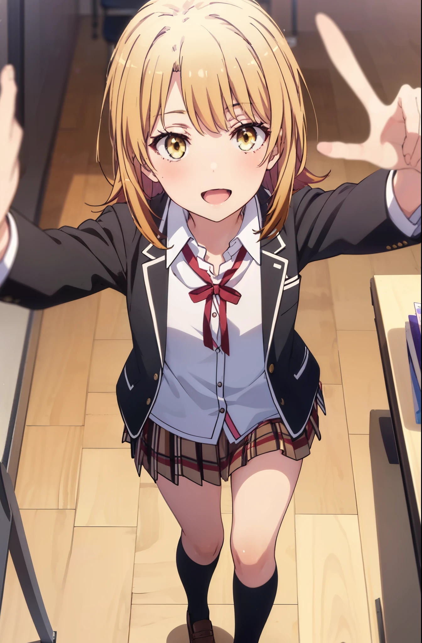 irohaisshiki, iroha isshiki, long hair, brown hair, (brown eyes:1.5), Medium chest,smile,open your mouth,blush,take a selfie from above your head,Peace sign with left hand on cheek,
break skirt, shirt, school uniform, Jacket, white shirt, open clothes, socks, open Jacket, black Jacket, plaid, knee high, plaid skirt, blazer, black socks,soubu high school uniform,
break indoors, classroom,
break looking at viewer,
break (masterpiece:1.2), highest quality, High resolution, unity 8k wallpaper, (shape:0.8), (fine and beautiful eyes:1.6), highly detailed face, perfect lighting, Very detailed CG, (perfect hands, perfect anatomy),