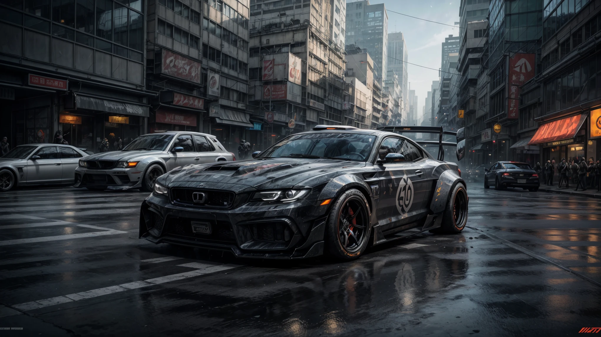 In the neon-soaked streets of a futuristic city, a heavily modified black supercar speeds towards the viewer, its low suspension and extended fenders giving it a menacing, predatory look. The car is armed with high-tech weapons, and its extra-wide tires grip the road with ferocious intensity. The driver is a skilled cyberpunk hacker, on the run from the authorities after a daring data heist. The car weaves through the busy city streets, neon lights streaking by in a blur of color. The scene is rendered in stunning detail, with the city's towering skyscrapers and intricate infrastructure forming a breathtaking backdrop for the high-speed chase. The overall aesthetic is one of gritty, cyberpunk thrills, like a scene from a sci-fi action movie.