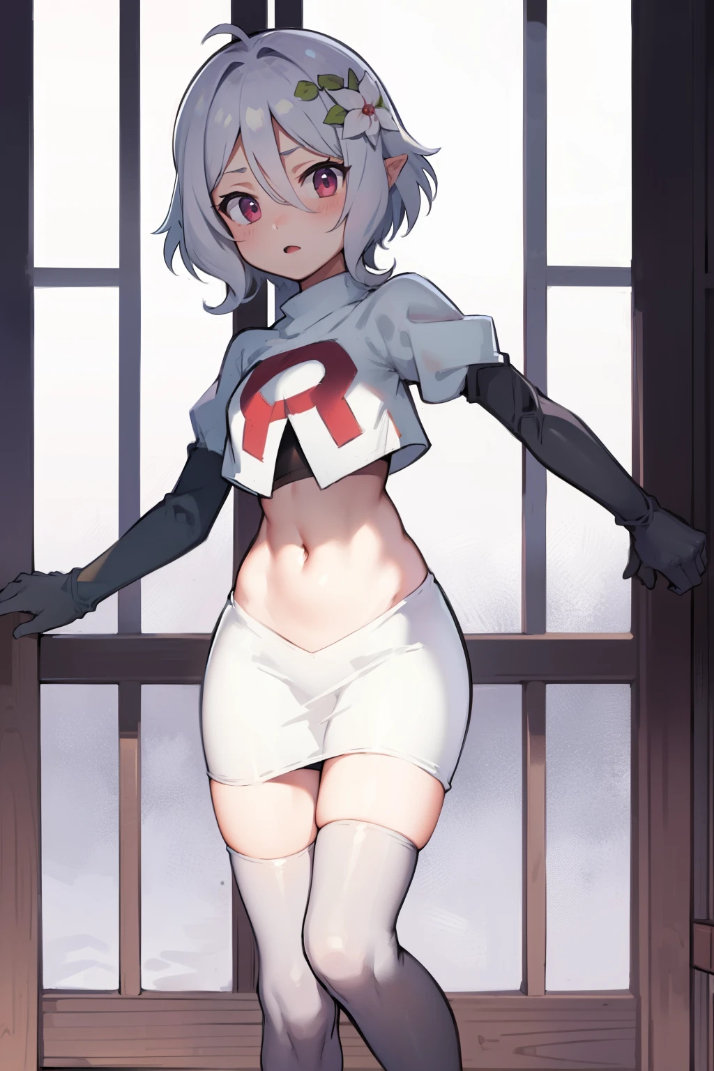kokkoro,team rocket,team rocket uniform,white skirt,red letter R,crop top,black thigh-highs,black elbow gloves