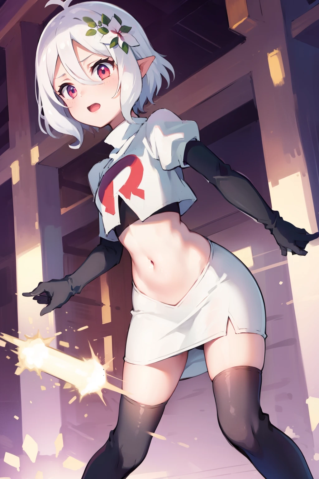 kokkoro,team rocket,team rocket uniform,white skirt,red letter R,crop top,black thigh-highs,black elbow gloves