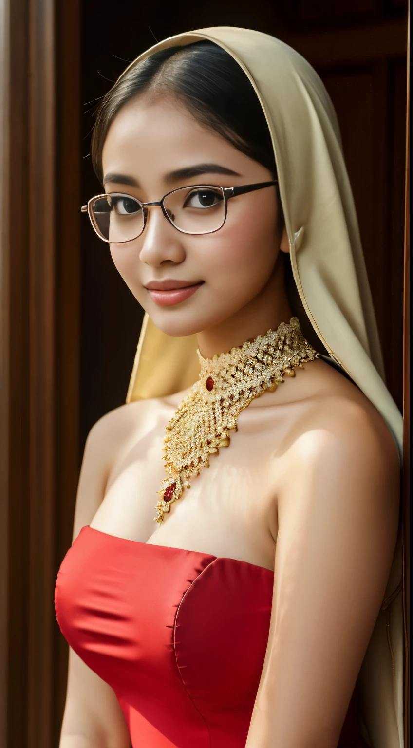 (iu:0.8),cleavage, RAW, Best quality, high resolution, Masterpiece: 1.3, Beautiful glasses hijabi javanese girl wearing halter_dress, Masterpiece, Soft smile
