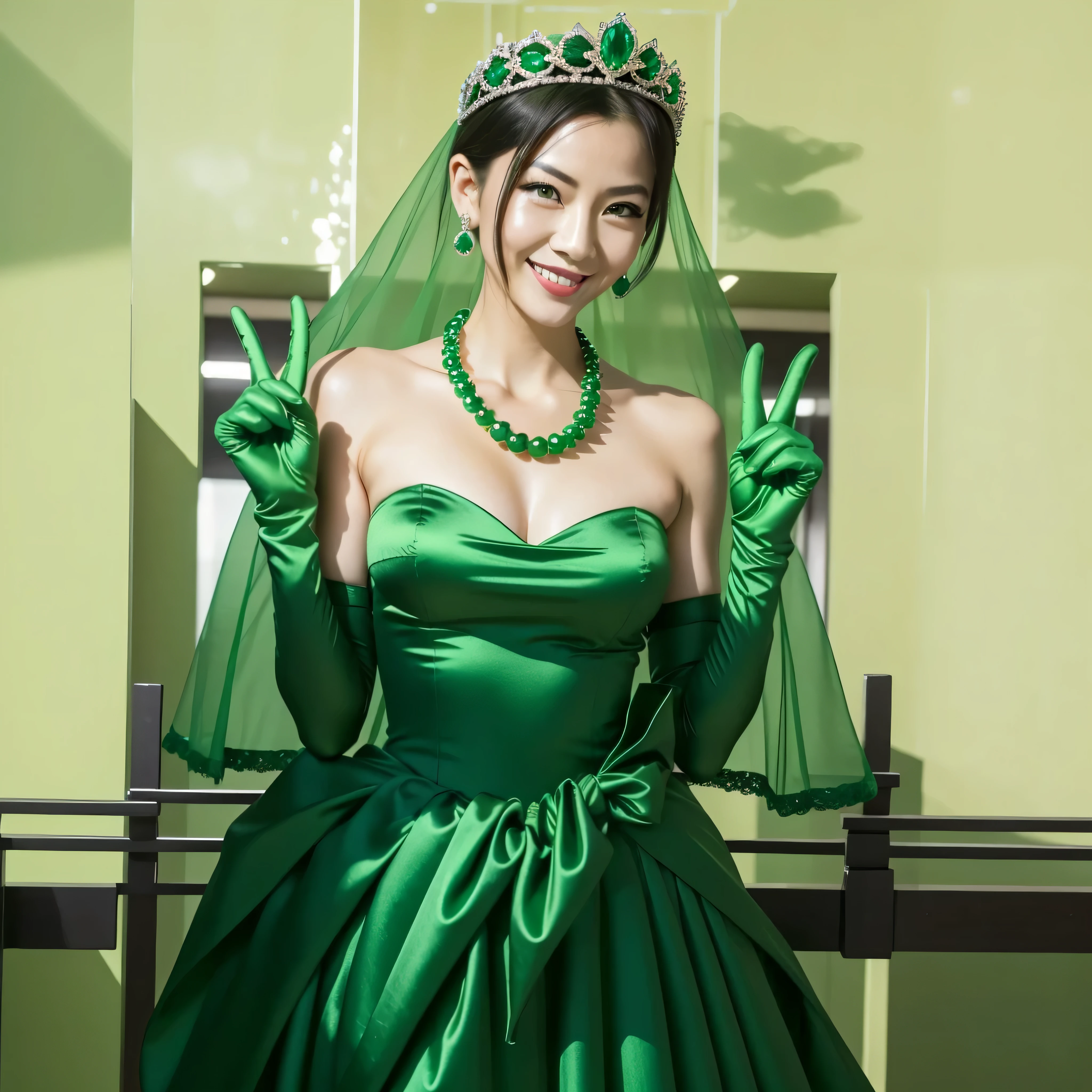 Beautiful Japan woman in her 30s, finger details, beautiful hands,emerald tiara, Green Pearl Necklace, Boyish green berry short hair, lipstick, smiling Japanese woman, very short hair, big breasts beautiful, green eyes, green satin long gloves, green eyes, emerald earrings, Green veil, v sign