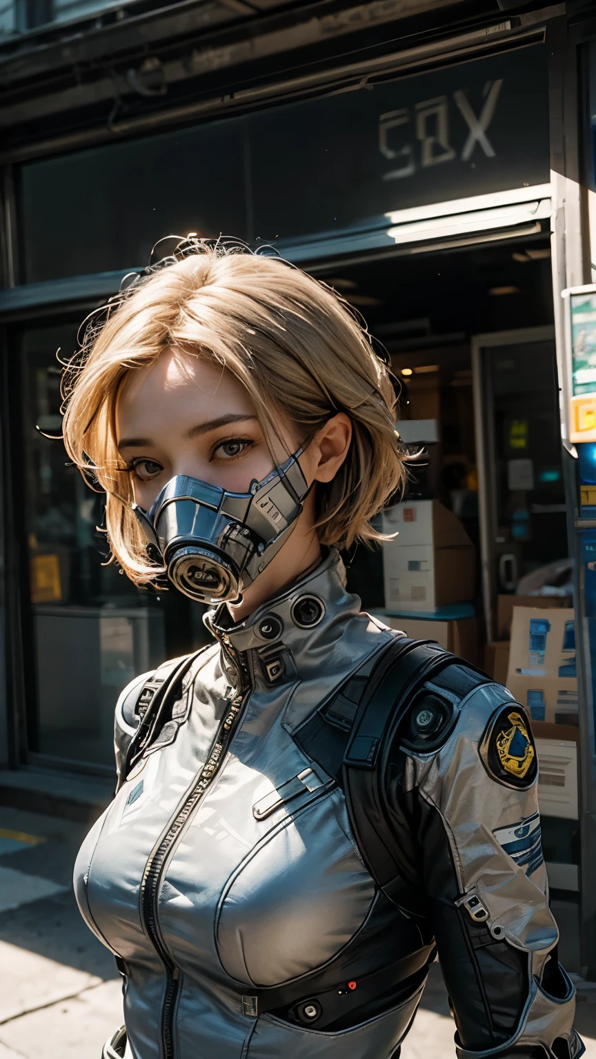 (masterpiece:1.2,high quality), 1girl, ((ultra realistic details)), global illumination, shadows, Unreal Engine, octane render, 8k, ultra sharp, metal, intricate, ornaments detailed, highly intricate details, yellow eyeechanical body:1.2), white hair, (black gas mask), Gear, bob cut, hundreds of wires, Terran, (Robot, android:1.15), Apocalypse, broken buildings