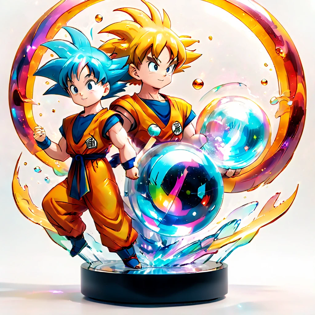 (Blind box toy style:1.2)，retro cyberpunk，Surrealism，Arthur C. Clark Effect，transparent body，whole body, White background, (In Dragon Ball，The scene where Sun Wukong and Bulma met when they were young at Baozi Mountain，Little Goku is handing the four-star dragon ball to Bulma，Showing the innocence of childhood and the warmth of friendship), 3d，Caustics，Transparent glass texture，rainbow colors，Designed by Dieter Rams，Simple，sparkling details，White background，industrial design，Studio lights up，C4D，octane rendering，clean shadow，8K，beautiful artwork，magical items，With mysterious cosmic energy