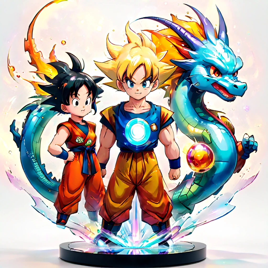 (Blind box toy style:1.2)，retro cyberpunk，Surrealism，Arthur C. Clark Effect，transparent body，whole body, White background, (In Dragon Ball，The scene where Sun Wukong and Bulma met when they were young at Baozi Mountain，Little Goku is handing the four-star dragon ball to Bulma，Showing the innocence of childhood and the warmth of friendship), 3d，Caustics，Transparent glass texture，rainbow colors，Designed by Dieter Rams，Simple，sparkling details，White background，industrial design，Studio lights up，C4D，octane rendering，clean shadow，8K，beautiful artwork，magical items，With mysterious cosmic energy