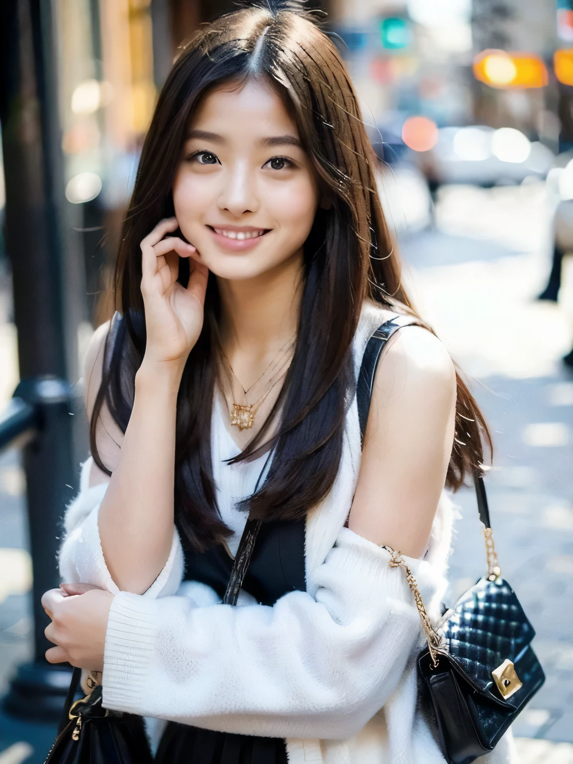 Big 18 year old girl with perfect face, Cafe, right hand with hair, cute clothes, slim and slender physique. The skin is dense and has detailed eyes. (1.1 emphasize), Highly detailed skin texture (1.1 emphasize). thin necklace, model photo style, realistic, The skin texture is real human skin texture, fine skin pores, intricate details, eyes are very beautiful, black tight skirt: 1.5, black sleeveless: 1.2, navy blue bag, white fluffy coat, street, smile, viewer&#39;point of view, Dimples