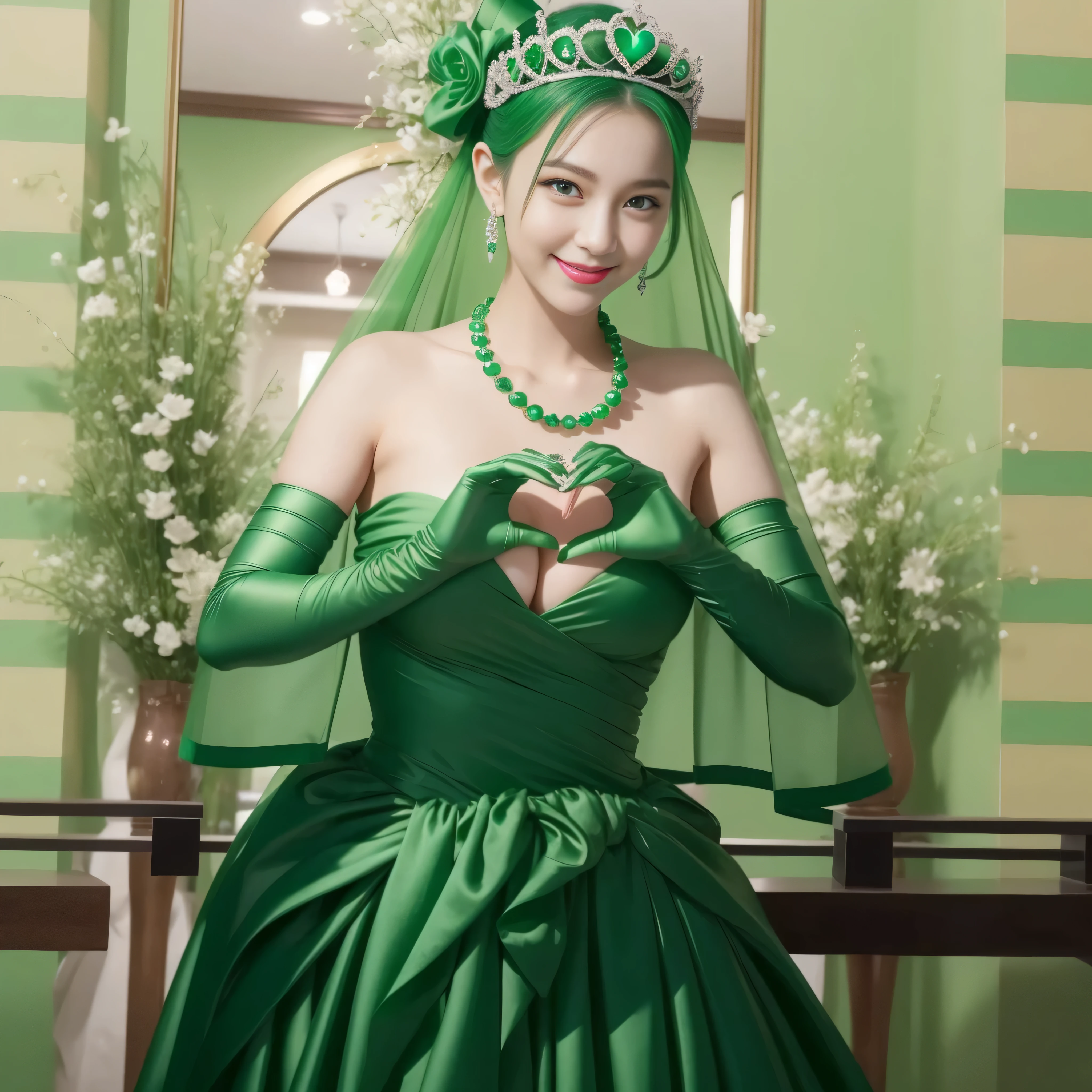 emerald tiara, Green Pearl Necklace, ボーイッシュな非常に短いgreen hair, green lips, smiling Japanese woman, very short hair, Beautiful woman with big breasts, green eyes, green satin long gloves, green eyes, emerald earrings, Green veil, Heart with both hands, green hair, beautiful japanese woman, heart shaped hands:1.3, green lip gloss