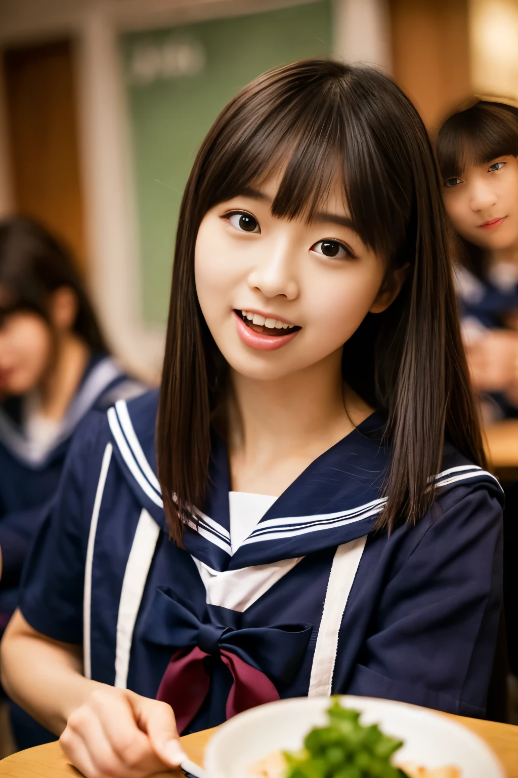 (table top, highest quality:1.2), 8k, official art, RAW photo, black hair、bangedium straight hair、slightly longer bob hair、smile, (sailor suit, serafuku:1.4), beautiful girl, idol face, turn back, navy pleated skirt, school uniform, short sleeve, gardenia, violaces, , classroom, looking at the viewer, no makeup, film grain, chromatic aberration, sharp focus, face light, dynamic lighting, cinematic lighting, detailed face, background bokeh, (dark red bow tie:1.stick out tongue