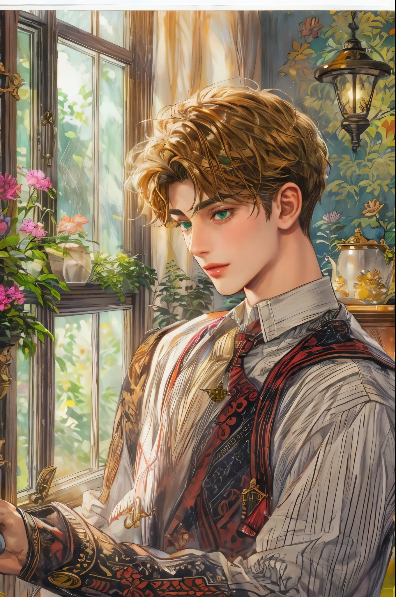 ((Best quality)), ((masterpiece)), (detailed), ((perfect face)), ((halfbody)) handsome face, male, boy, perfect proportions , short hair ((character from anne of green gables male version)) beside the window and fireplace cozy home