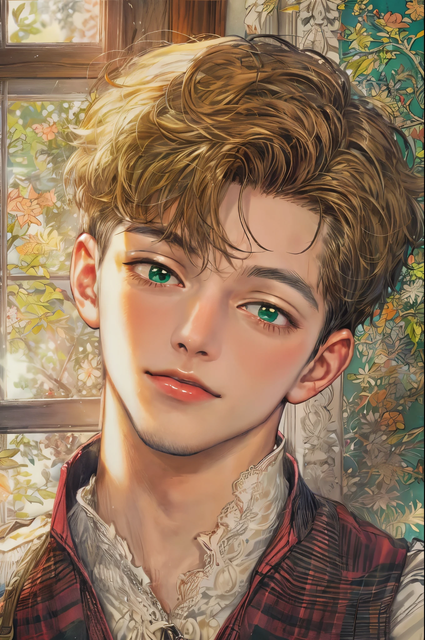 ((Best quality)), ((masterpiece)), (detailed), ((perfect face)), ((halfbody)) handsome face, male, boy, perfect proportions , short hair ((character from anne of green gables male version)) beside the window and fireplace cozy home