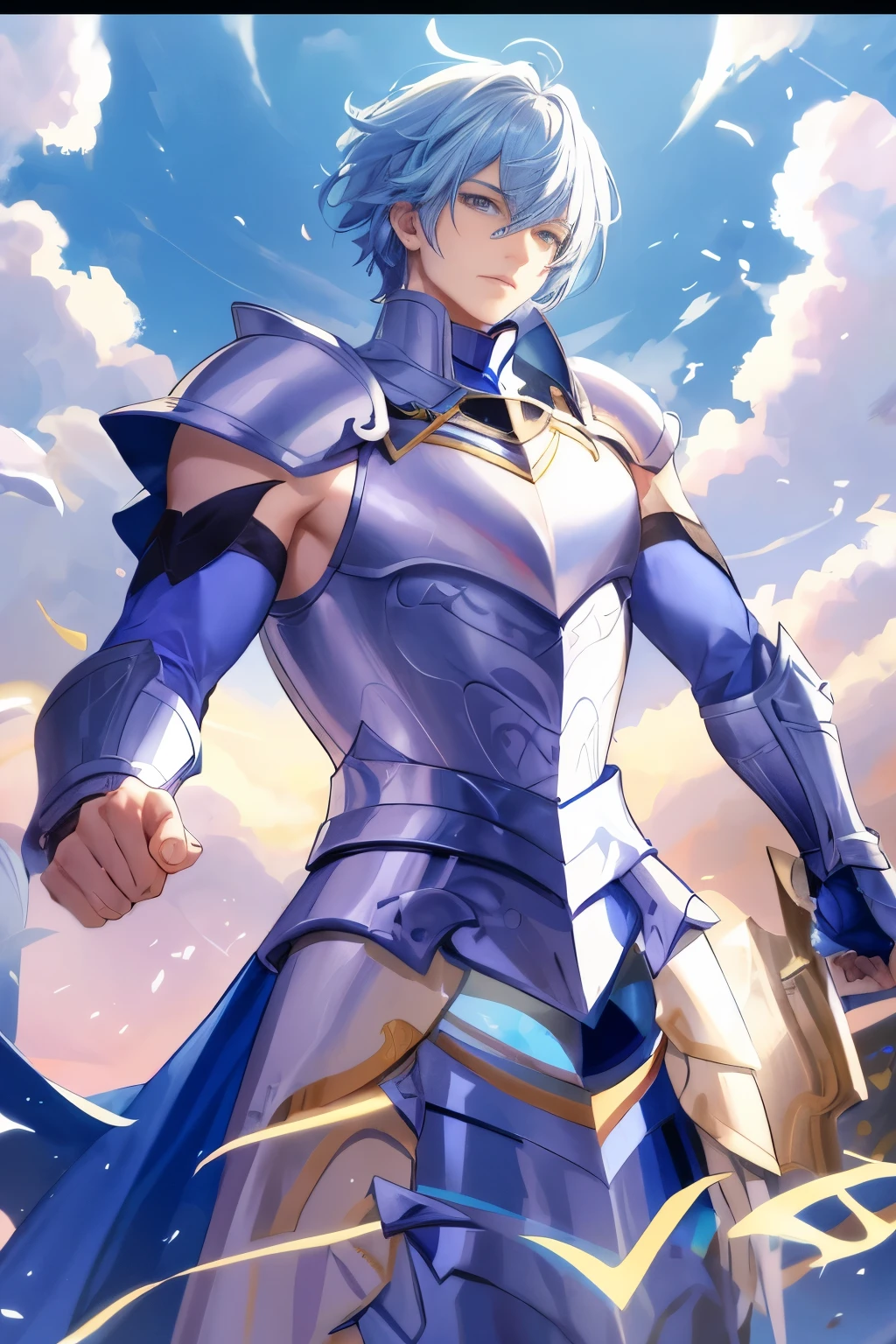Anime characters with blue hair and white hair in blue clothes, Keqing from Genshin Impact, male paladin, a human male paladin, Portrait of a magic knight, Blue Armor, Wear light armor., Hero 2 d fanart artation, Very detailed fan art, pale Blue Armor, In opal armor., A very detailed RTM pathogen., sword
