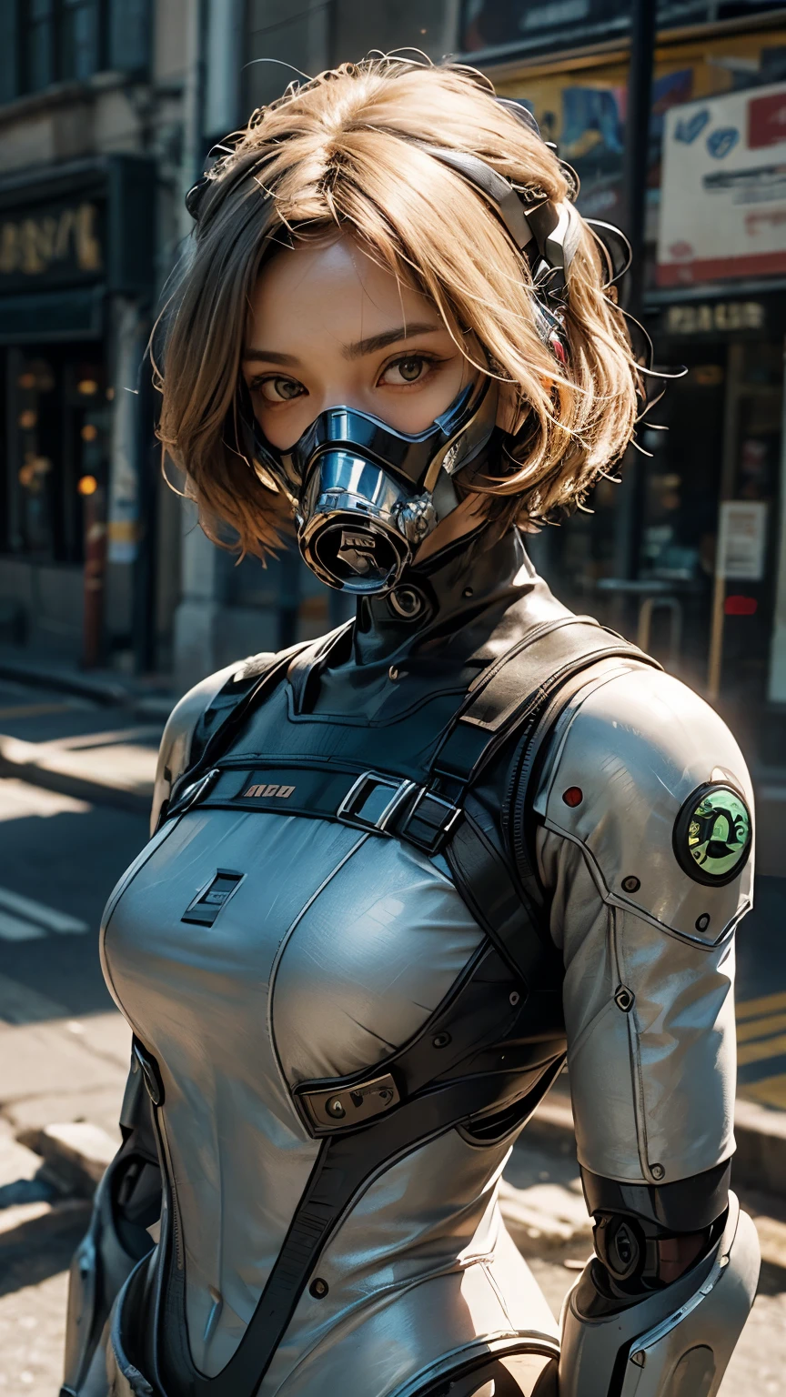 (masterpiece:1.2,high quality), 1girl, ((ultra realistic details)), global illumination, shadows, Unreal Engine, octane render, 8k, ultra sharp, metal, intricate, ornaments detailed, highly intricate details, yellow eyeechanical body:1.2), white hair, (black gas mask), Gear, bob cut, hundreds of wires, Terran, (Robot, android:1.15), Apocalypse, broken buildings