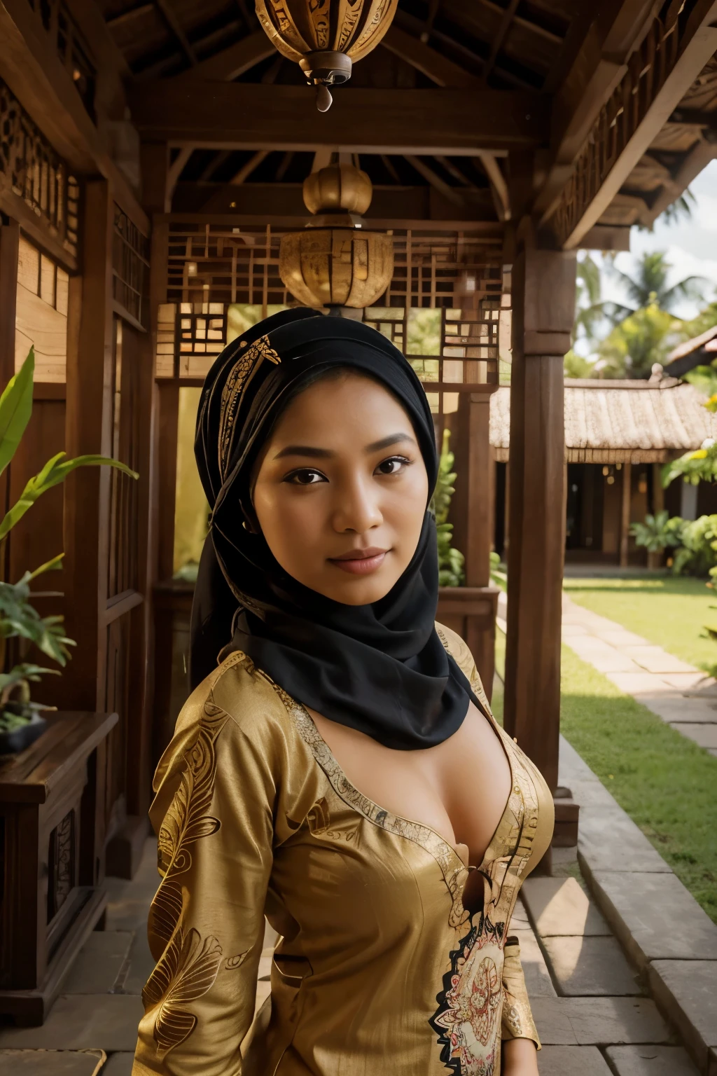 hijabi, cleavage, (a) girl, (beautiful, detailed, dark, deep) eyes, (beautiful, detailed, full) lips, (long, thick) eyelashes, (expressive:1.1), (brown, black) hair, (sun-kissed) skin, [playful] expression, [javanese, traditional, cultural] attire, [vibrant, colorful] batik dress, [stylish, ornate] headscarf, [playfully, graceful, energetic] movements, (joyful:1.1), (relaxed, carefree) posture

[bustling, lively, peaceful, serene] (javanese-style) [garden, park], [lush, green, fertile, tropical] landscape, (beautiful, scenic, natural) elements, [dancing] shadow, [gentle, breezy, rustling] leaveelodious] [gamelan, guitar] music, (rustic, traditional) [Joglo, pendopo] architecture, [ornate, traditional, Javanese] lanterns, [intricate, detailed] carvings, [colorful, vibrant] floral decorations

(best quality, 4k, 8k, highres, masterpiece:1.2), ultra-detailed, (realistic, photorealistic, photo-realistic:1.37), [HDR, UHD], [studio lighting, beautifully, illuminated], (vivid, natural) colors, (harmonious, radiant) color palette, [subtle, warm, earthy] tones, [sunlit, soft] illuminations