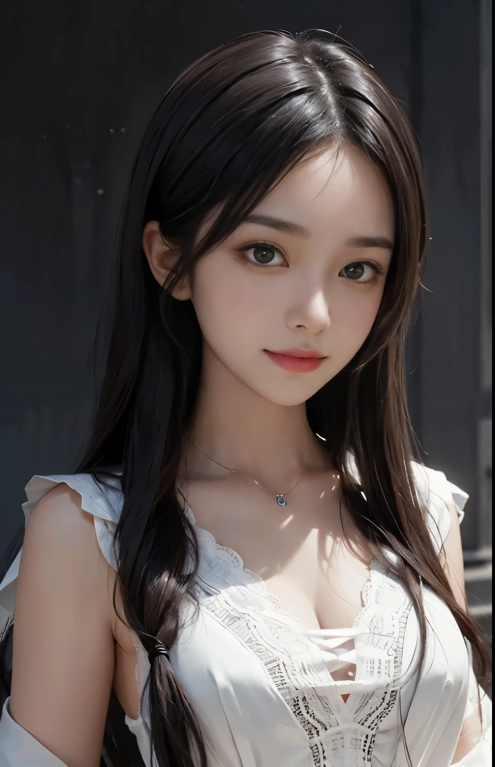 (surreal), (shape), (Improved resolution), (8k), (very detailed), (Best shape), (beautiful and detailed eyes), (highest quality), (Super detailed), (masterpiece ), ( wallpaper), (detailed face), 1 girl, 17 years old, white shawl,  lace chest,  big breasts, looking at the viewer, small details, detailed face, in the dark, deep shadow, private key, Pure erotic face ace_v1, smile, long hair, black straight hair , 46 point diagonal bangs