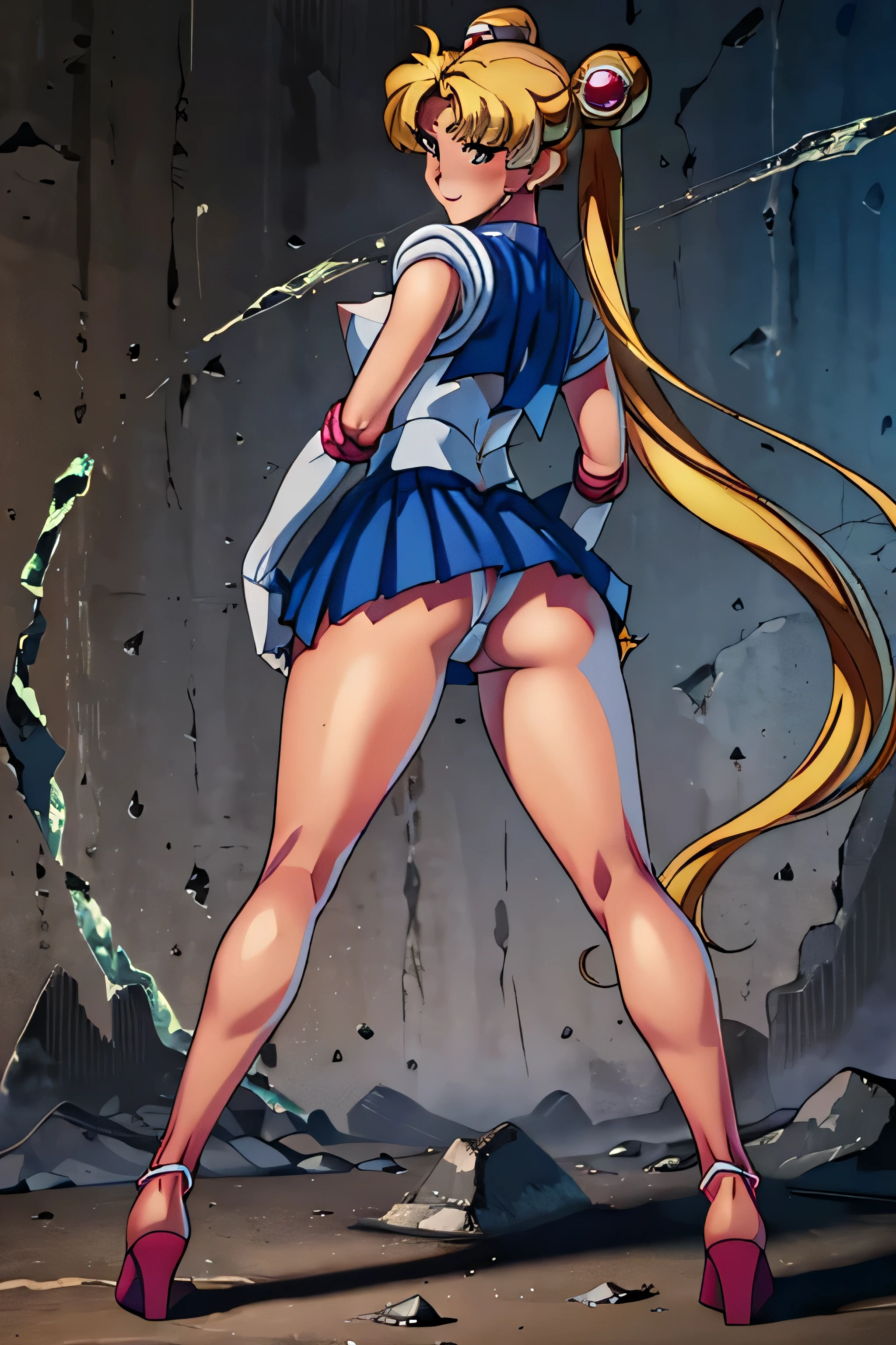 masterpiece, best quality, absurdres, perfect antomy, 1girl, solo, SMMoon, 1990s \(style\), blonde sailor moon, (small breast) standing, smile, cowboy shot, sailor senshi uniform, sailor collar, blue skirt, elbow gloves, in back pose, show her booty, backwards, no thong, big booty, ultra mini skirt, (detailed:1.3), ultra high res, ultra detailed, Highly detailed face and skin texture, detailed eyes, double eyelids, dynamic light, (HIGHLY DETAILED FACE) in back pose, show her booty, backwards, (both hands on her butt), lifting her little skirt. BOOTY NO THONG, (WIND LIFTING THE SKIRT)