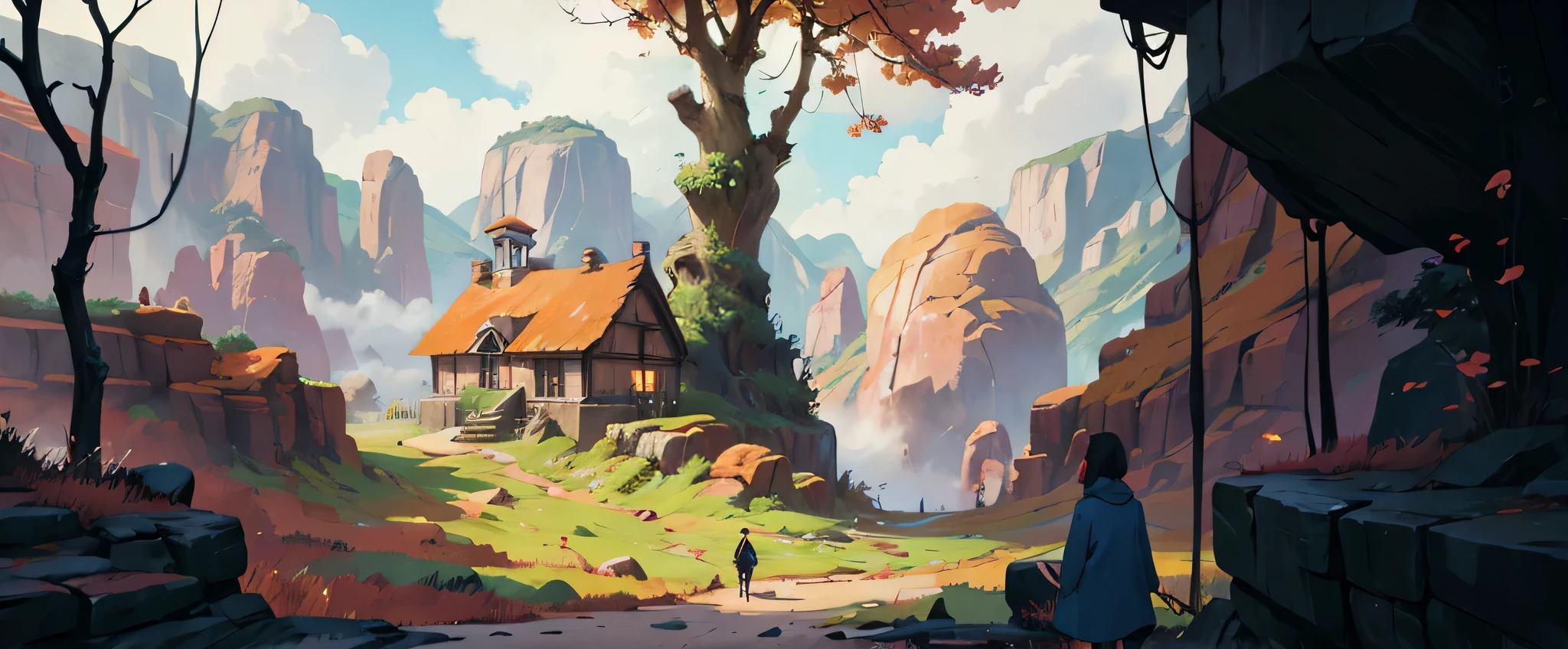 there is a painting,This painting is of a person walking on the road, Animation pastoral scenery, Few details. number, Painting in animation artist studio, 被描绘成游戏concept art, Anime landscape, landscape artwork, Landscape art details, concept art, Produced by Anime Painter Studio, Stylization, 风景游戏concept art, A beautiful artistic illustration