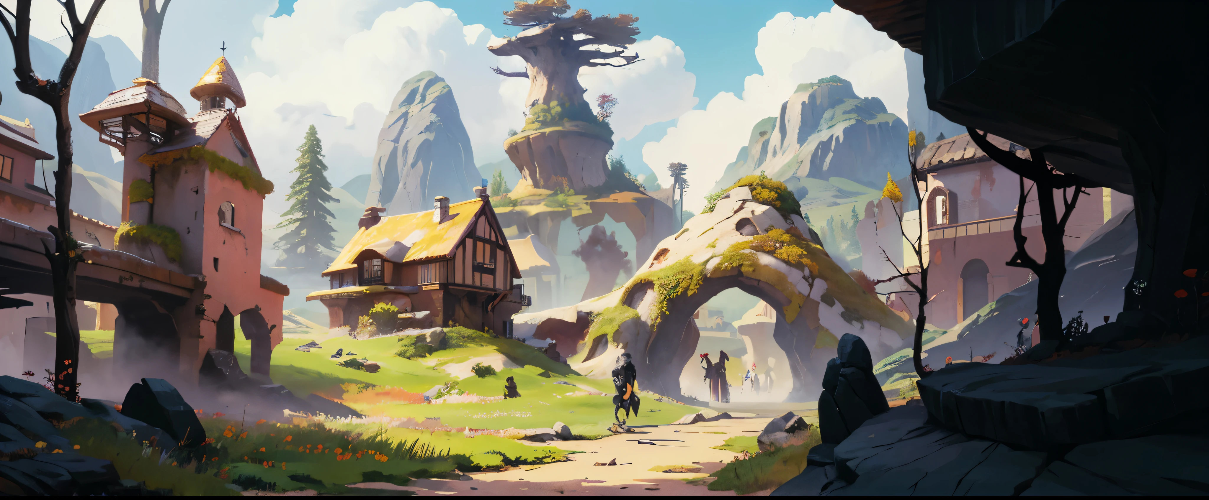 there is a painting,This painting is of a person walking on the road, Animation pastoral scenery, Few details. number, Painting in animation artist studio, 被描绘成游戏concept art, Anime landscape, landscape artwork, Landscape art details, concept art, Produced by Anime Painter Studio, Stylization, 风景游戏concept art, A beautiful artistic illustration