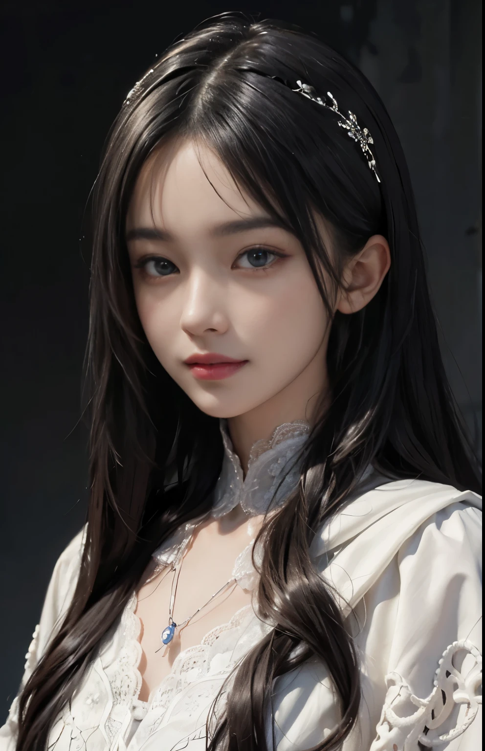 (surreal), (shape), (Improved resolution), (8k), (very detailed), (Best shape), (beautiful and detailed eyes), (highest quality), (Super detailed), (masterpiece ), ( wallpaper), (detailed face), 1 girl, , white shawl,  lace chest,  big breasts, looking at the viewer, small details, detailed face, in the dark, deep shadow, private key, Pure erotic face ace_v1, smile, long hair, black straight hair , 46 point diagonal bangs