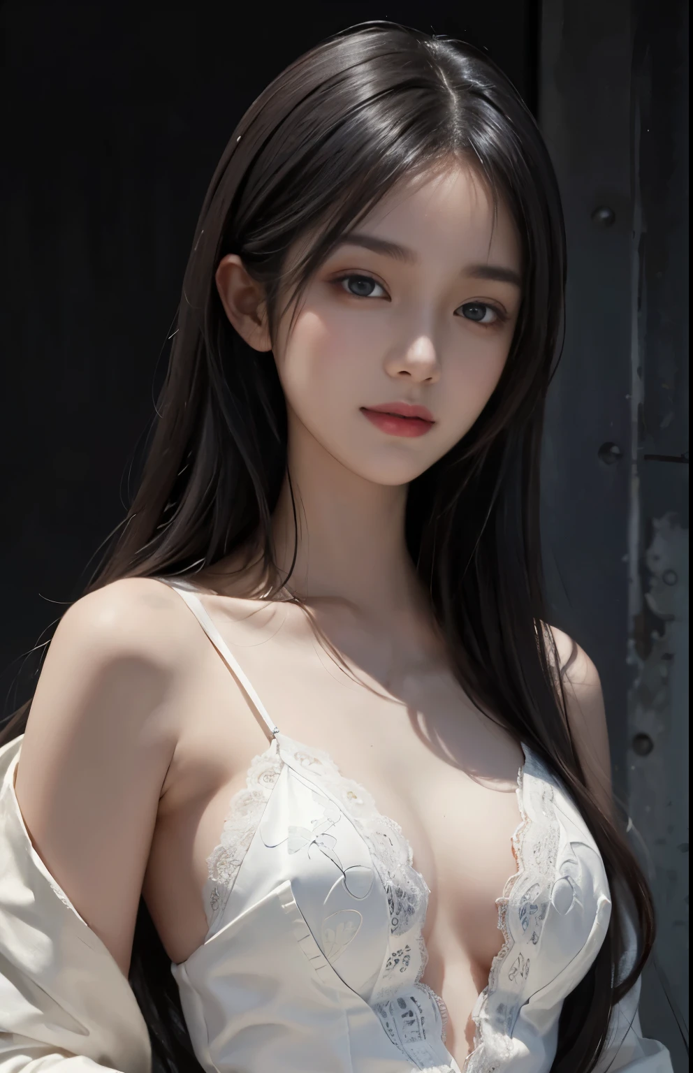 (surreal), (shape), (Improved resolution), (8k), (very detailed), (Best shape), (beautiful and detailed eyes), (highest quality), (Super detailed), (masterpiece ), ( wallpaper), (detailed face), 1 girl, , white shawl,  lace chest,  big breasts, looking at the viewer, small details, detailed face, in the dark, deep shadow, private key, Pure erotic face ace_v1, smile, long hair, black straight hair , 46 point diagonal bangs