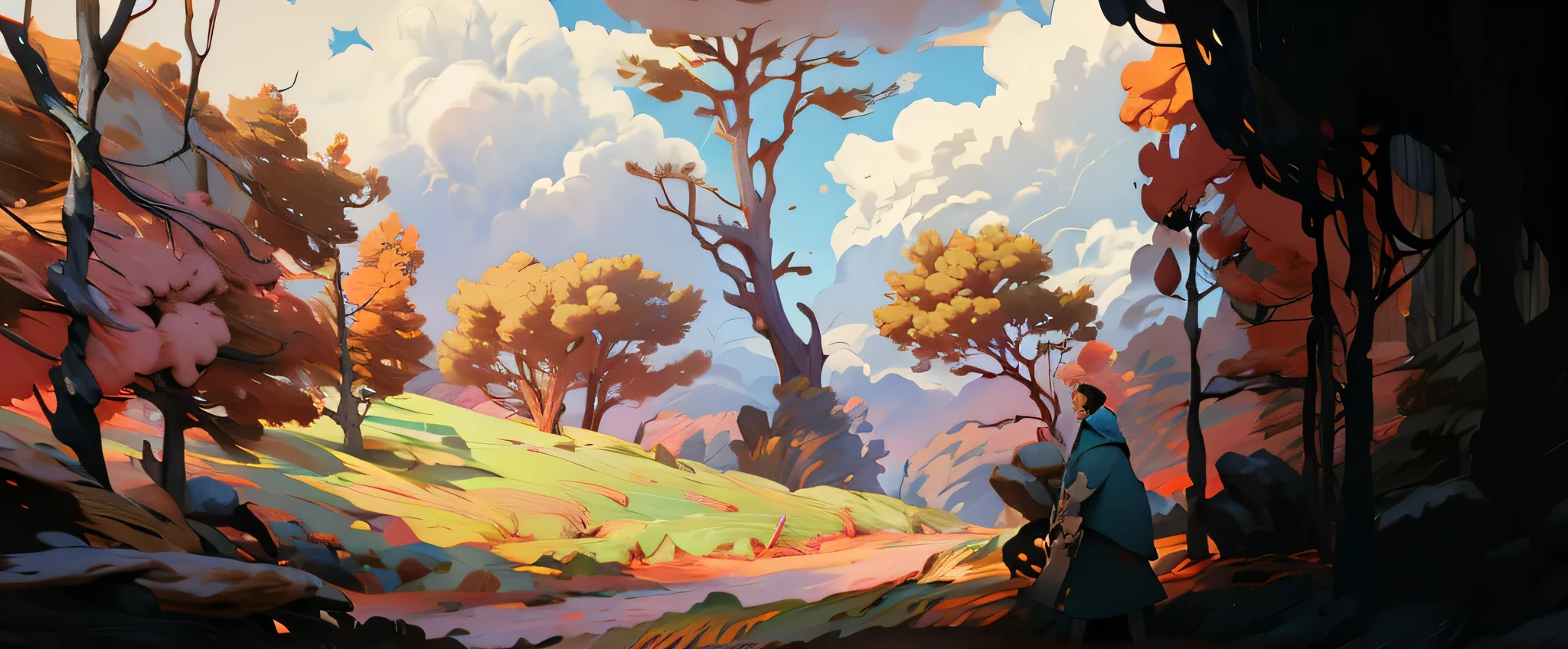there is a painting,This painting is of a person walking on the road, Animation pastoral scenery, Few details. digital painting, Painting in animation artist studio, Depicted as game concept art, Anime landscape, landscape artwork, Landscape art details, Painting concept art, Produced by Anime Painter Studio, Stylization, Landscape Game Concept Art, A beautiful artistic illustration