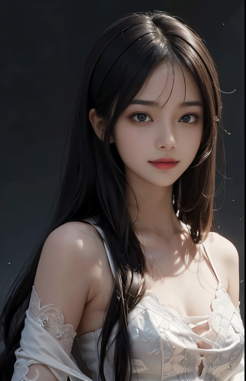 (surreal), (shape), (Improved resolution), (8k), (very detailed), (Best shape), (beautiful and detailed eyes), (highest quality), (Super detailed), (masterpiece ), ( wallpaper), (detailed face), 1 girl, 17 years old, white shawl,  lace chest,  big breasts, looking at the viewer, small details, detailed face, in the dark, deep shadow, private key, Pure erotic face ace_v1, smile, long hair, black straight hair , 46 point diagonal bangs