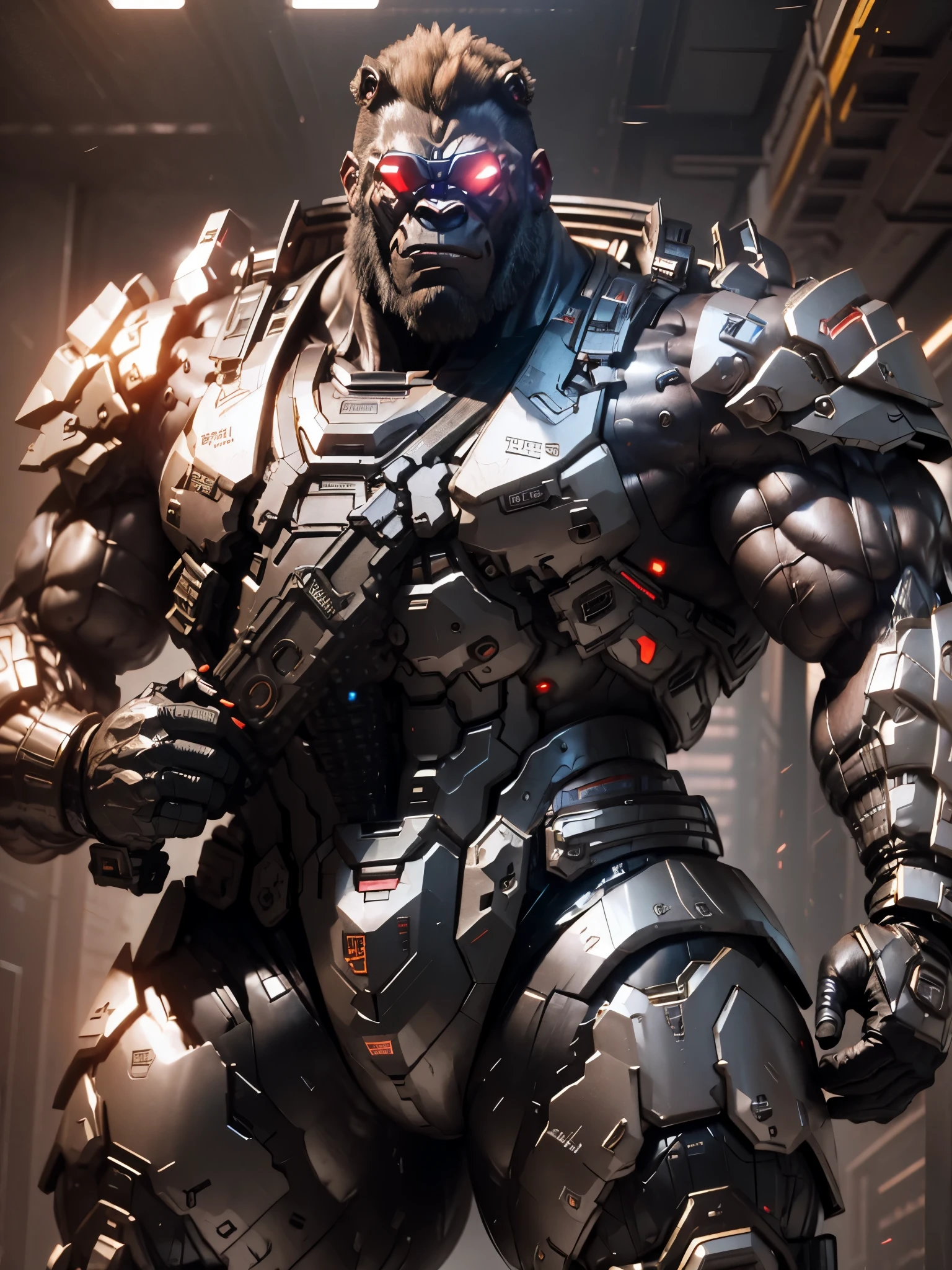 silverback macho gorilla,android gorilla、surreal,8k,Wear cyber armor、mechanical pants(Exposure of thighs and upper arms:1.5)muscular、smile with sunglasses