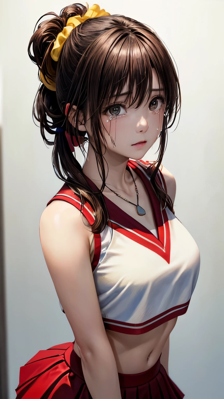 (One Girl), Very cute face, Great face and eyes, (Highly detailed eyes, Highly detailed face), Fresh, Very beautiful appearance, (Ultra-realistic, High resolution), (Highest quality:1.4), RAW Photos, (Realistic, Realistic:1.37), Professional photography , (A pale pink basketball uniform that becomes transparent when wet ) , (Cleavage:1.2), (Expose your shouldersさせる), (Laugh a little), (look at me), Bedroom, Portrait of a Girl , (Huge breasts) , Expose your shoulders , 20-year-old , (ponytail) , (Her uniform clings tightly to her body.) , (Place your hands behind your head、Exposes the armpits:1.2) , (My chest is sweaty:1.2) , (Armpit hair:0.9)