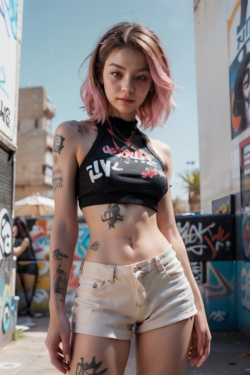 (Highest picture quality), (Masterpiece), (Lively, Realistic photography, realistic, Amazing, dark, Sharp focus, 8k), Full color drawing of korean girl hip hop, hip hop, hip hop, hip hop, mini skirt jeans, rap (((Graffiti art))), in the sea background, Crazy details, complicated details, Hyper details , low contrast, Soft, cinematic light, combination of touch, HDR, front (1 girl), Bare legs, bare shoulders, (colorful hair), music, white skin, sexy, luxurious, Model pose , (detailed face, lips, nose, red, eyelid, lipsstick, beautiful face), thigh high skirt, (whole body), (whole body get tattoo:1.2), pink sneakers, good body, open legs