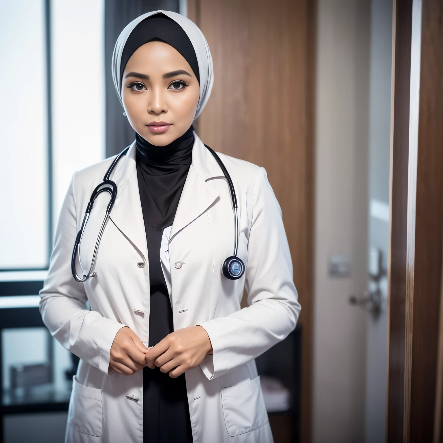 (56 Years Old), (Photorealistic beautiful Hijab Indonesian Mature woman), doctor、stunningly beautiful、doctors white coat, Collared shirt、(top-quality、8K、32K、​masterpiece、nffsw:1.3)、超A high resolution,(Photorealsitic:1.4),Raw photography, Detailed face, (Curvy Body), (Beautiful hijab woman), ((Doctor Style)), , Black tight skirt、 Natural makeup,, (large full breasts : 1.4)、inside hospital, Detailed background, Perfect Lighting, depth of fields, Beautiful shadow gradient,stethoscope .