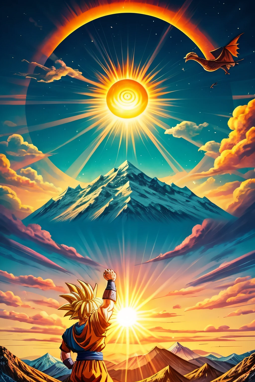 best quality, birds, mountains, bright big sun, peace, prayer, everyone waving to the sky, (dragon ball)