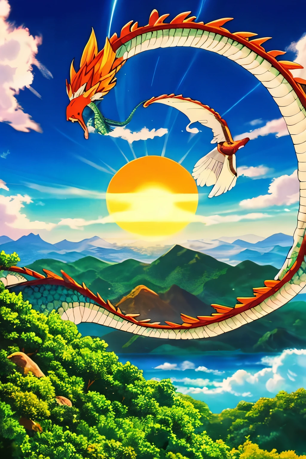 best quality, birds, mountains, bright big sun, peace, prayer, everyone waving to the sky, (dragon ball)