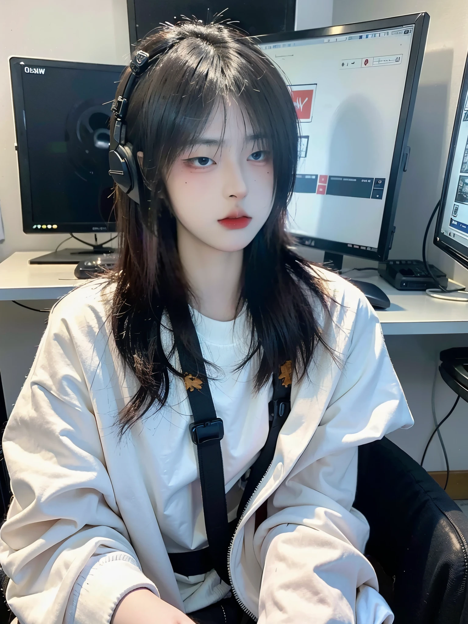 (8k, RAW photo:1.2)detailed face and eyes,最high quality, 超A high resolution, very detailed ,intricate details、in the room, wearing headset gaming, gaming outfit, sit in the gaming chair