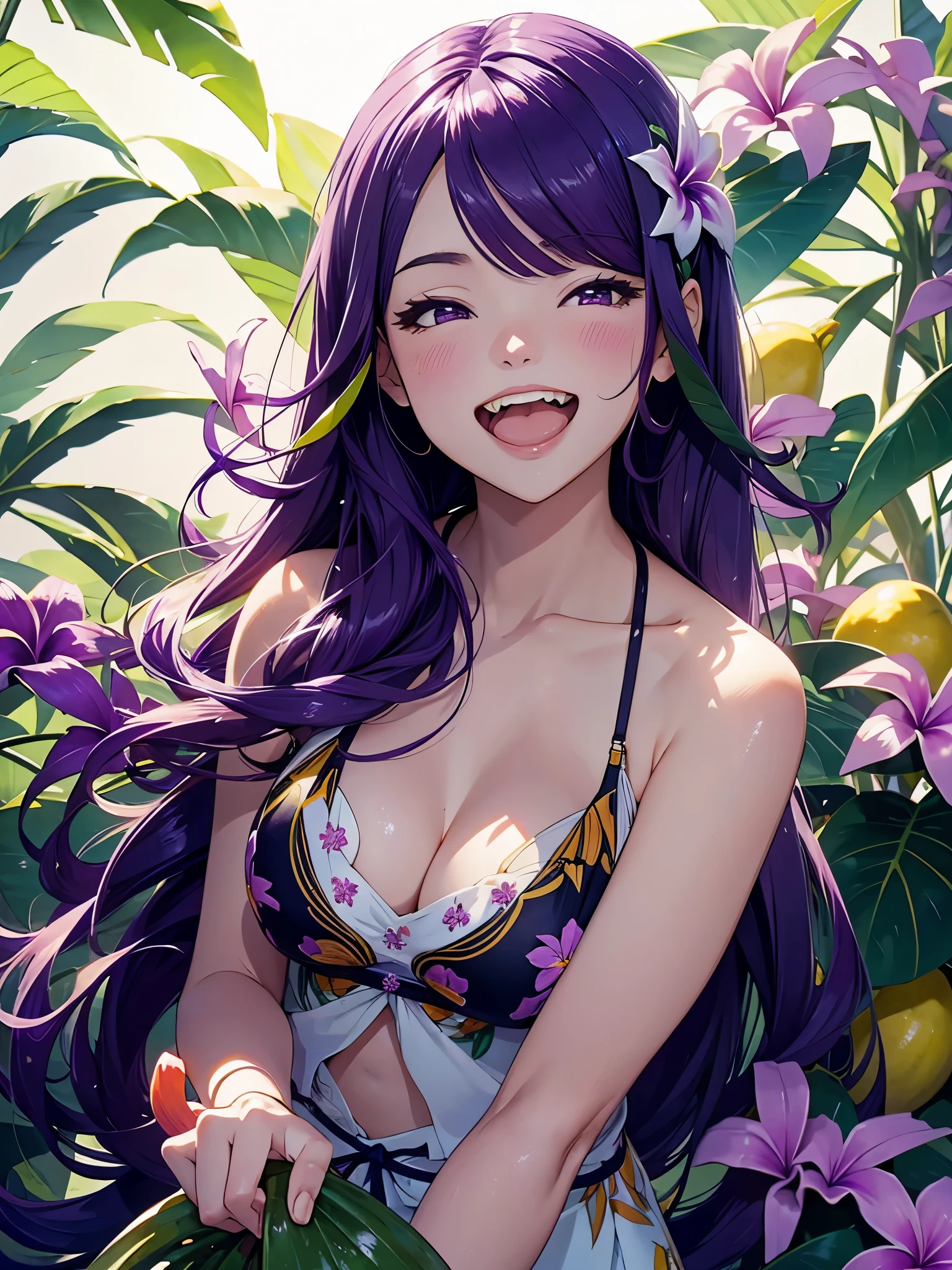 purple hair,  a girl laughing, open mouth, background full of mangos, plumeria flowers ,