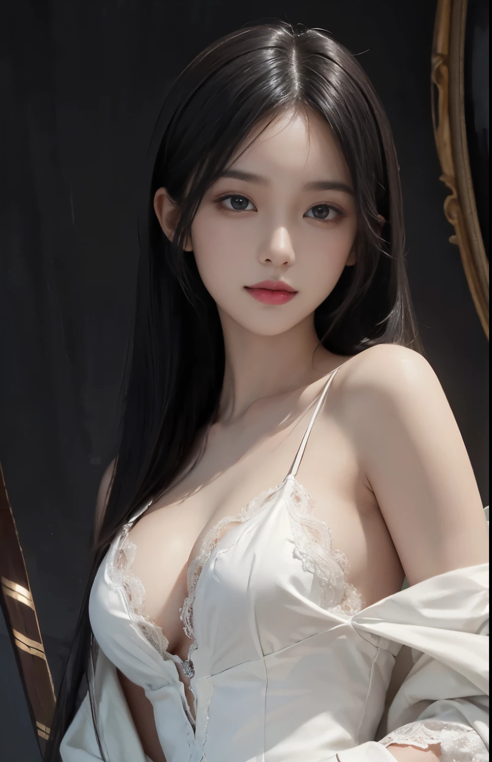(surreal), (shape), (Improved resolution), (8k), (very detailed), (Best shape), (beautiful and detailed eyes), (highest quality), (Super detailed), (masterpiece ), ( wallpaper), (detailed face), 1 girl, , white shawl, lace chest, big breasts, looking at the viewer, small details, detailed face, in the dark, deep shadow, private key, Pure erotic face ace_v1, smile, long hair, black straight hair , 46 point diagonal bangs