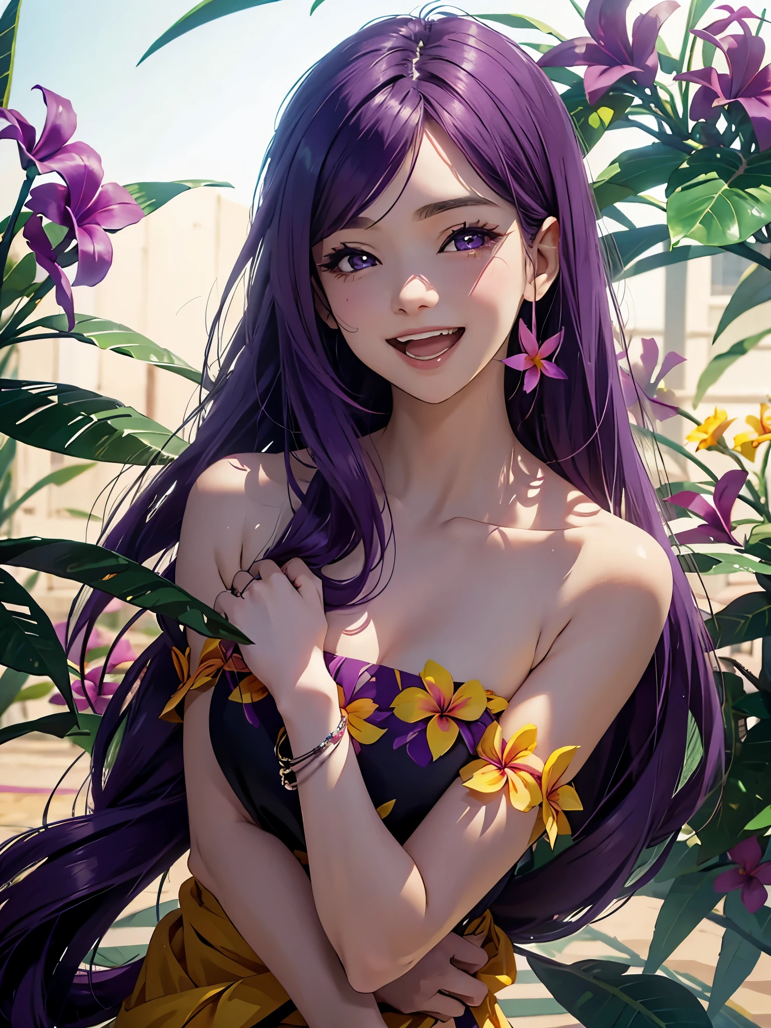 purple hair, a girl laughing, open mouth, background full of mangos, plumeria flowers ,