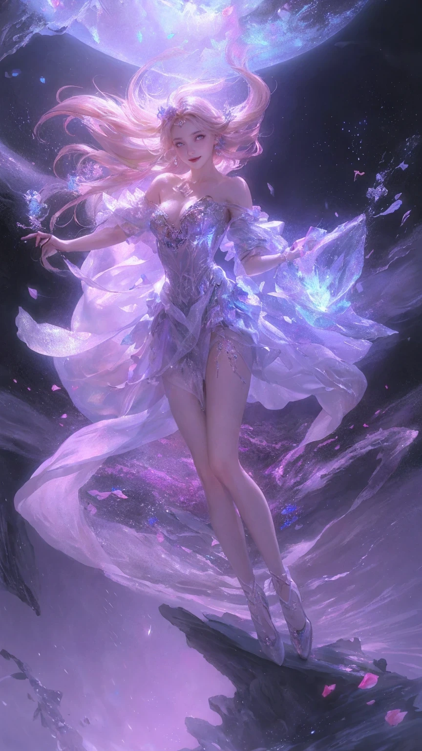 AnzhcdreAmwAve, Aesthetic, A (frozen:1.1) cosmic rose, the petAls glitter with A crystAlline shimmer, swirling nebulAs, 8k unreAl engine photoreAlism, ethereAl lighting, purple, at night, dArkness, surreAl Art