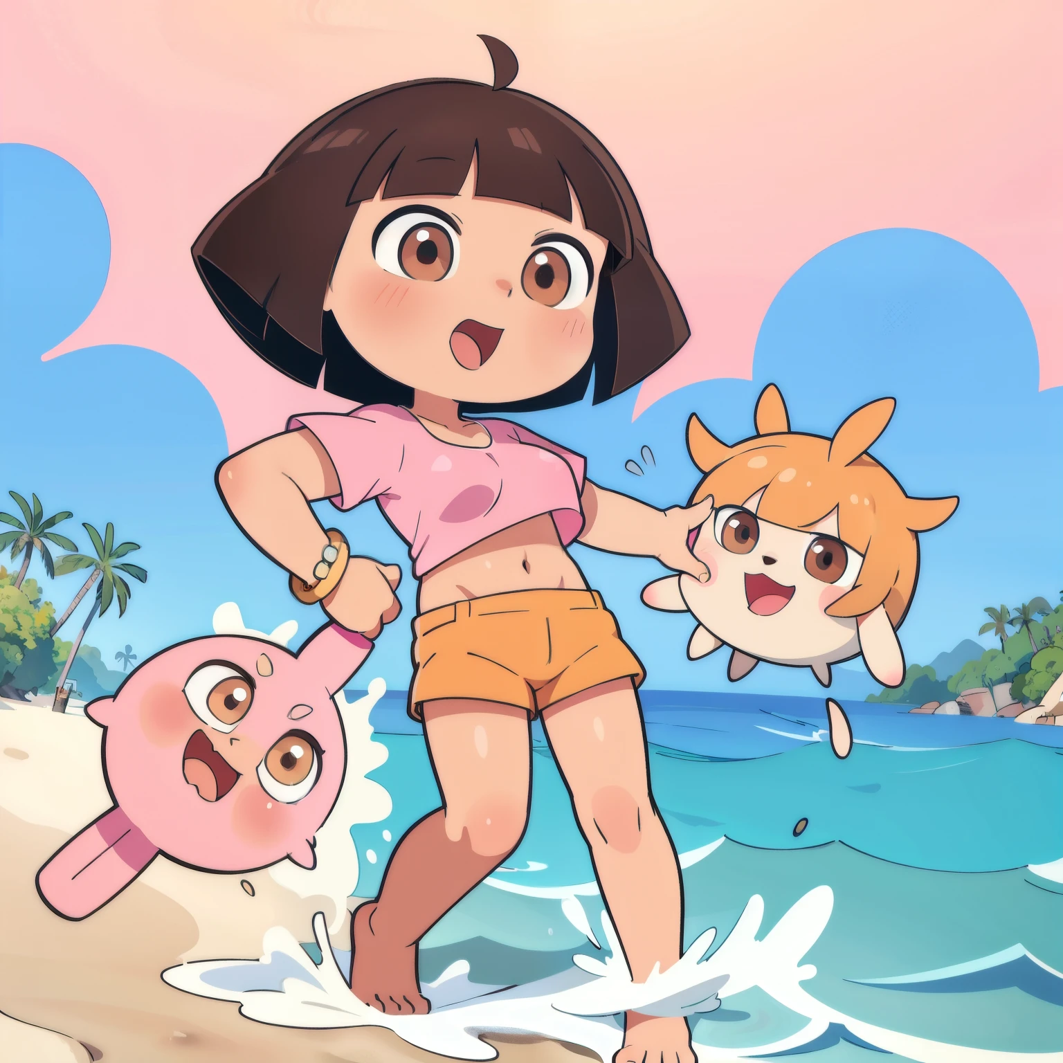 ((masterpiece, best quality)), full body, solo, Dora, shorts, pink top, bracelet, tan skin, brown eyes, beach, splashing, gigantic breasts