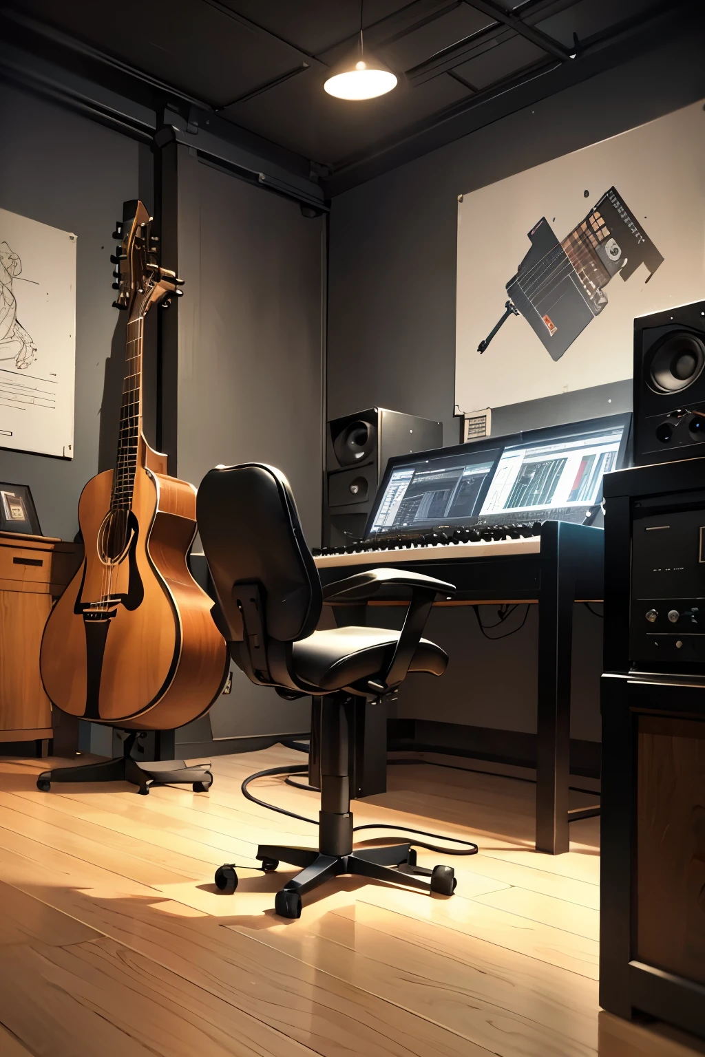 Picture this: A sophisticated and modern music production studio, where the aroma of creativity fills the air. At the heart of the room lies a massive professional mixing desk, its surface adorned with an intricate arrangement of knobs and sliders that gleam under the soft, ambient lighting.

Several high-quality microphones, standing tall and proud on their stands, are ready to capture every nuance of sound. Acoustic guitars, their strings gently glinting, rest easy on the custom-made hangers and stands, poised to bring melodies to life.

The studio's design seamlessly merges dark wooden flooring with black and wooden walls, creating a stimulating